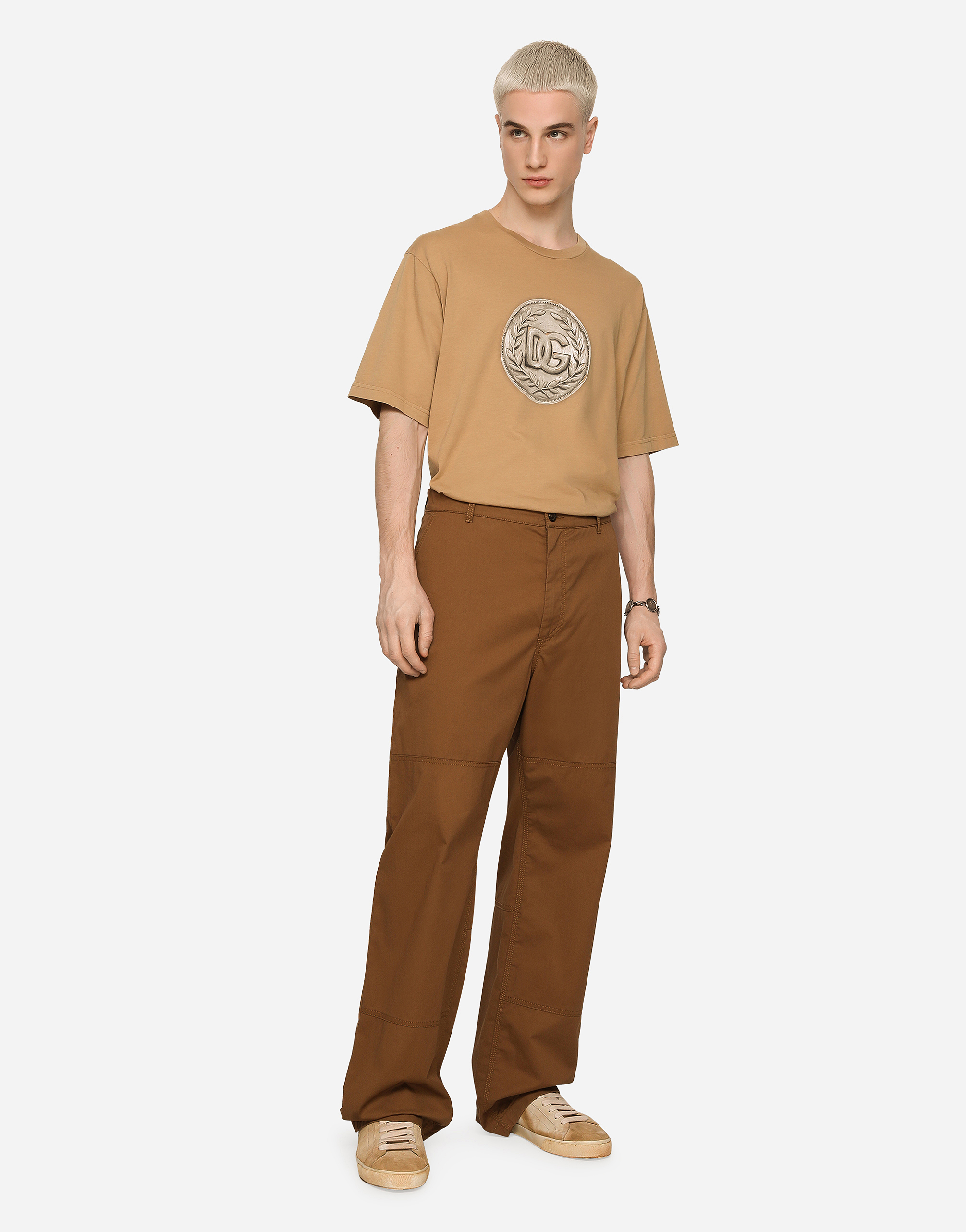 Shop Dolce & Gabbana Stretch Cotton Worker Pants With Brand Plate In Brown