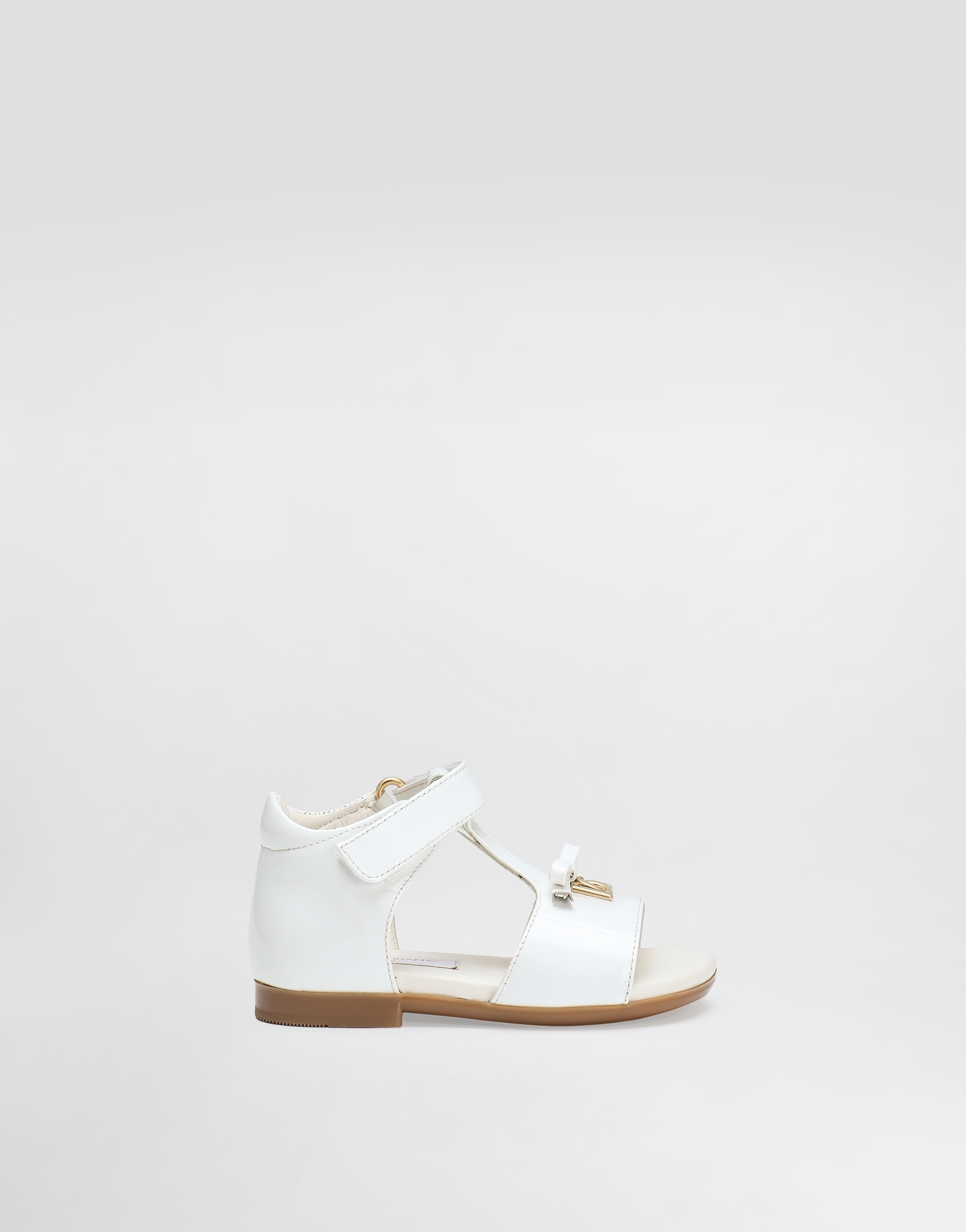 Dolce & Gabbana Kids' Patent Leather First Steps Sandals With Metal Dg Logo In White