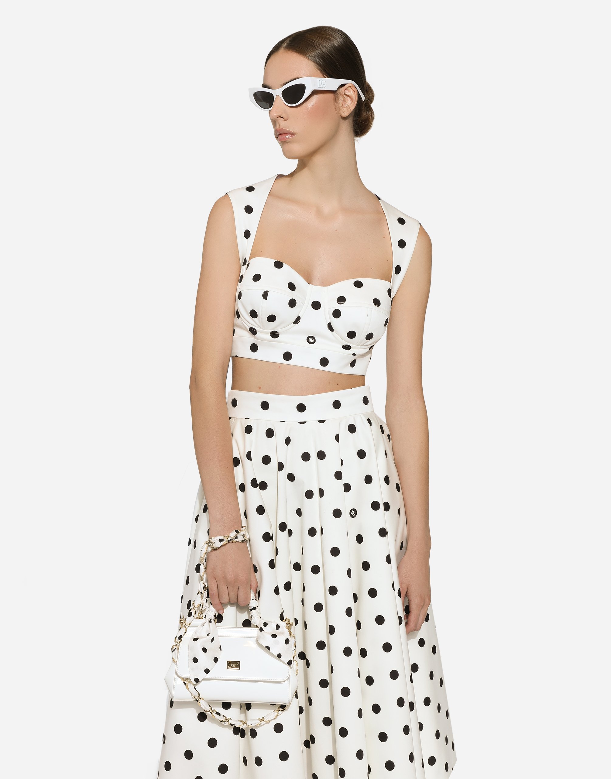 Shop Dolce & Gabbana Cotton Drill Calf-length Circle Skirt With Polka-dot Print In プリ