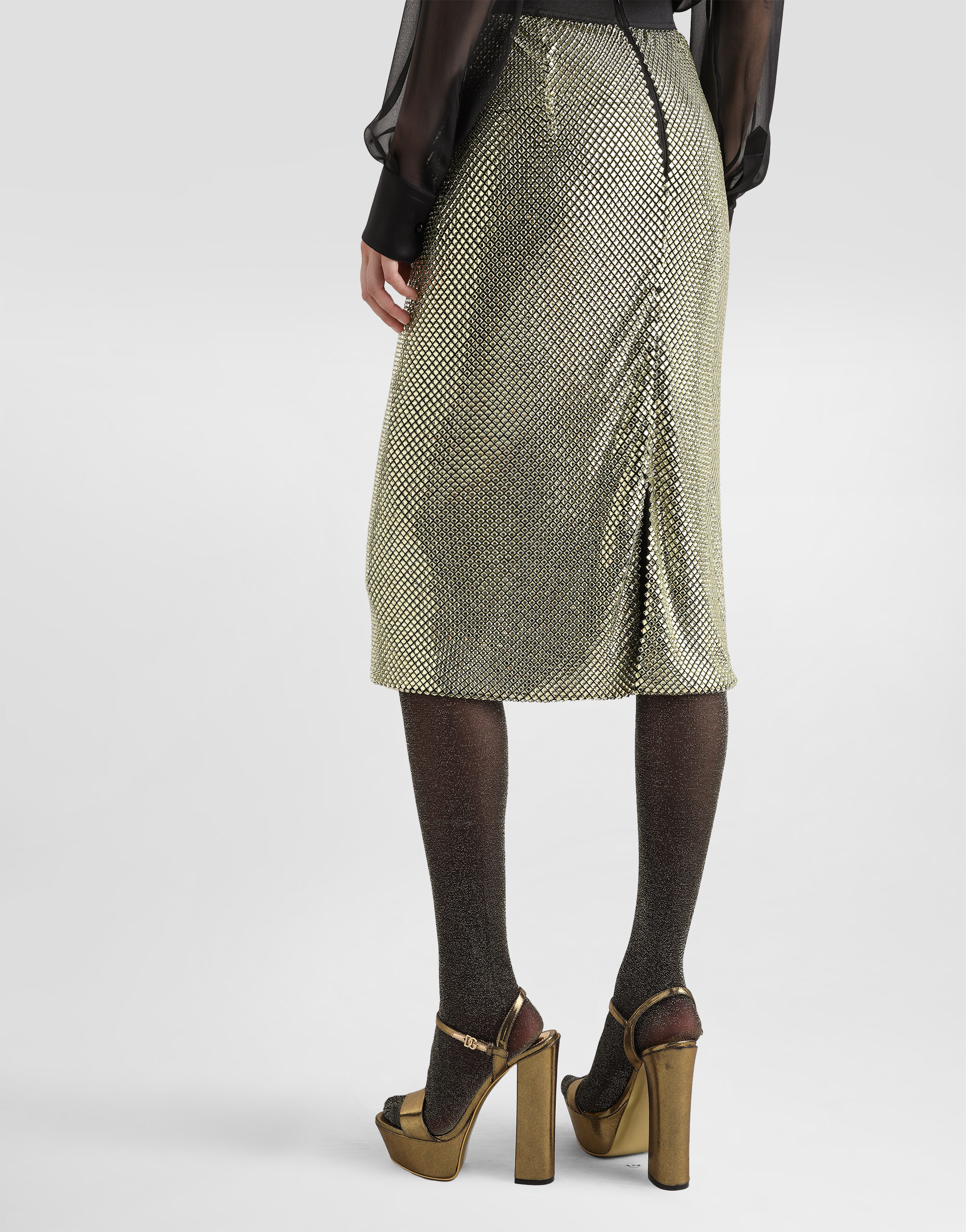 Dolce & Gabbana Midi Pencil Skirt In Crystal Mesh In Oro