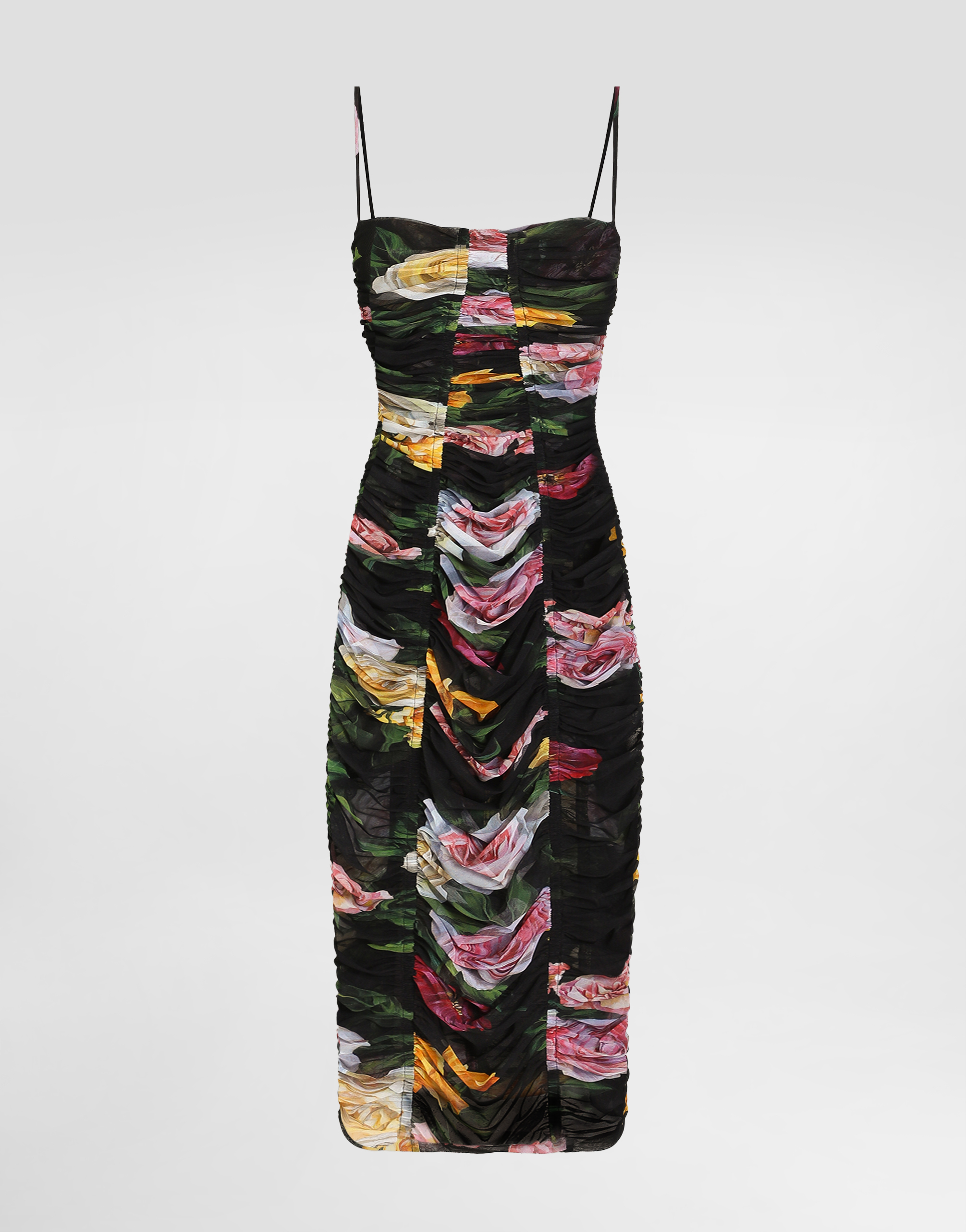 Dolce & Gabbana Tulle Calf-length Slip Dress With Draping And Peony And Rose Print In Print