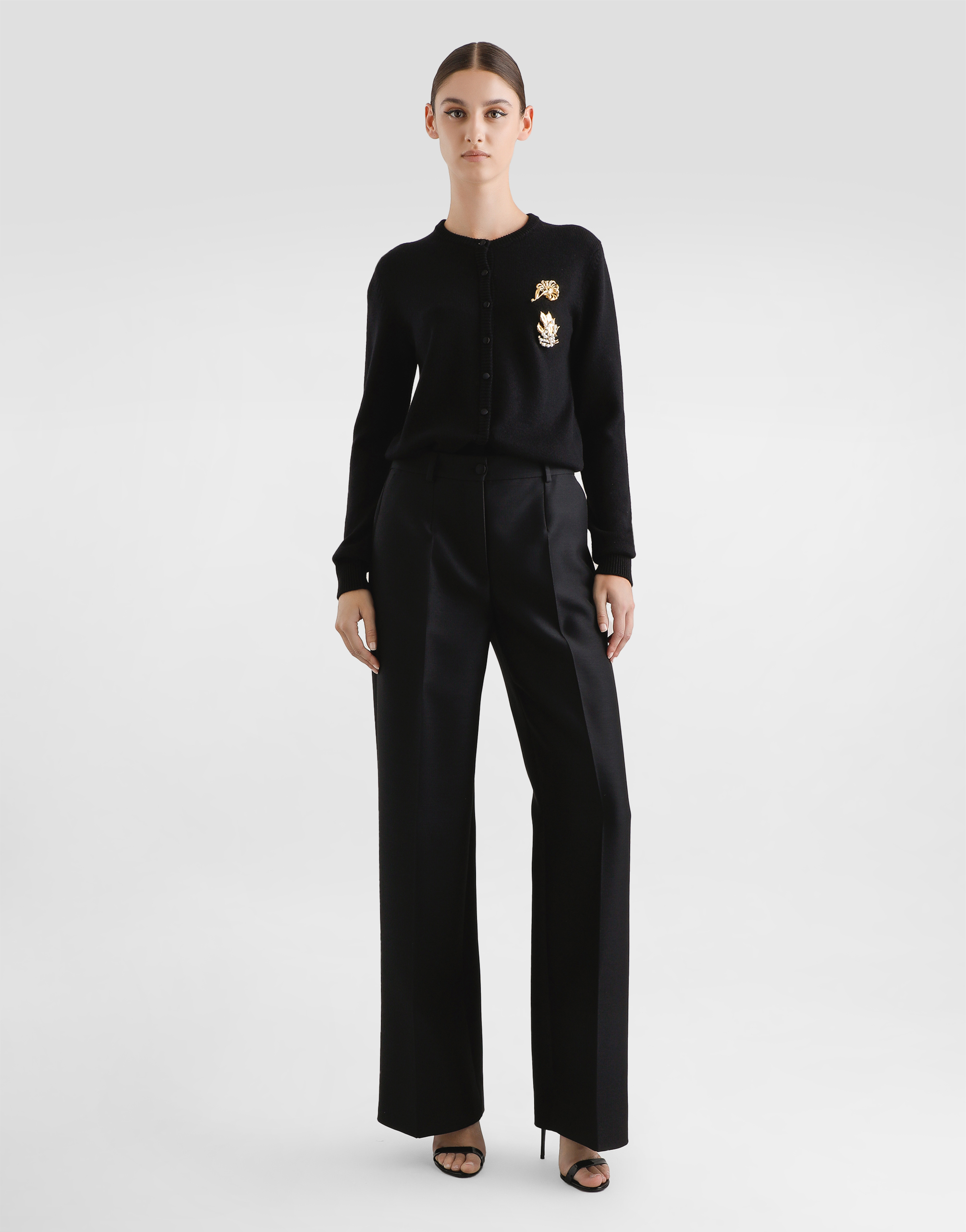 Dolce & Gabbana Brooch Crewneck Cardigan In Black