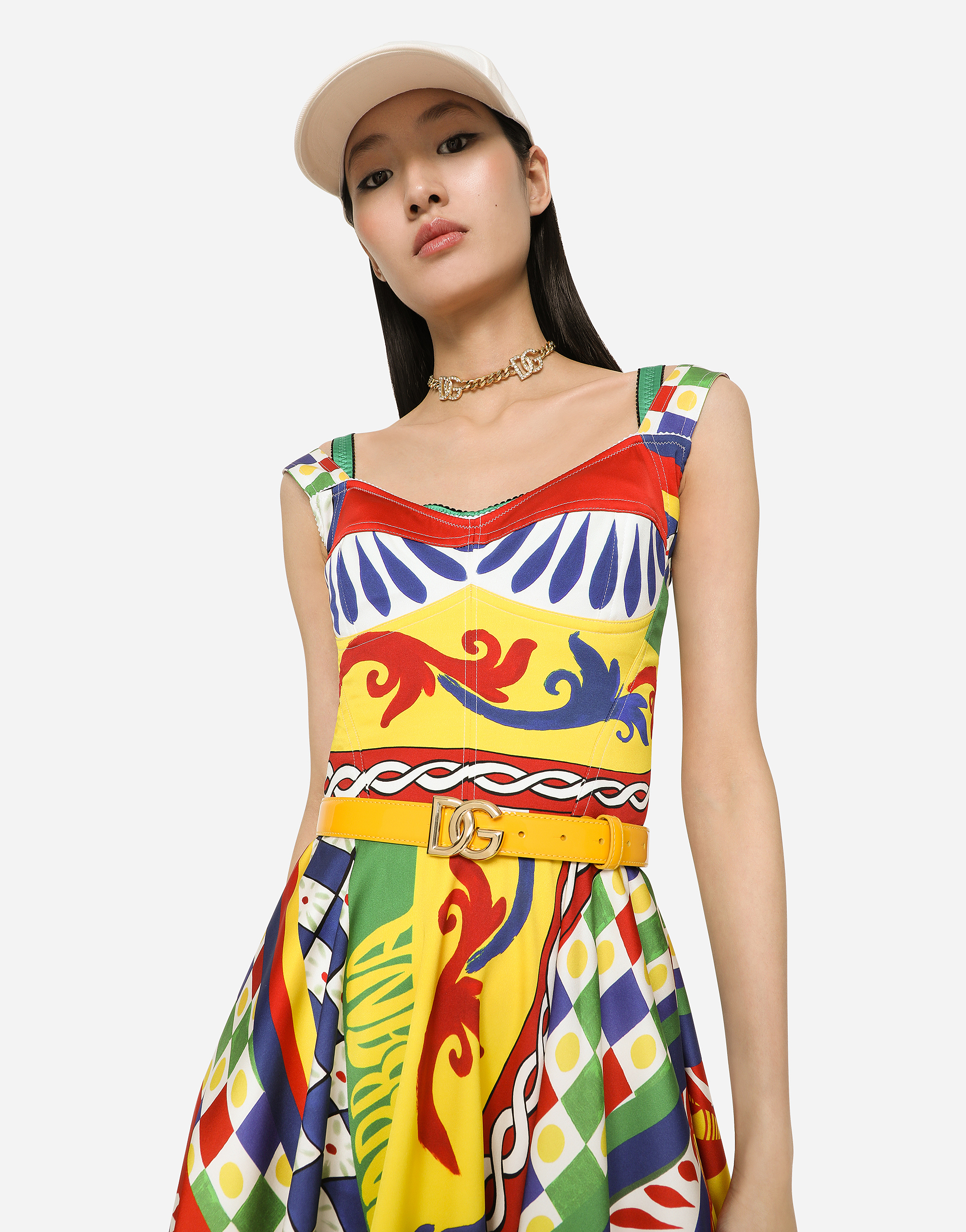 DOLCE & GABBANA SHORT CARRETTO-PRINT CHARMEUSE BUSTIER DRESS