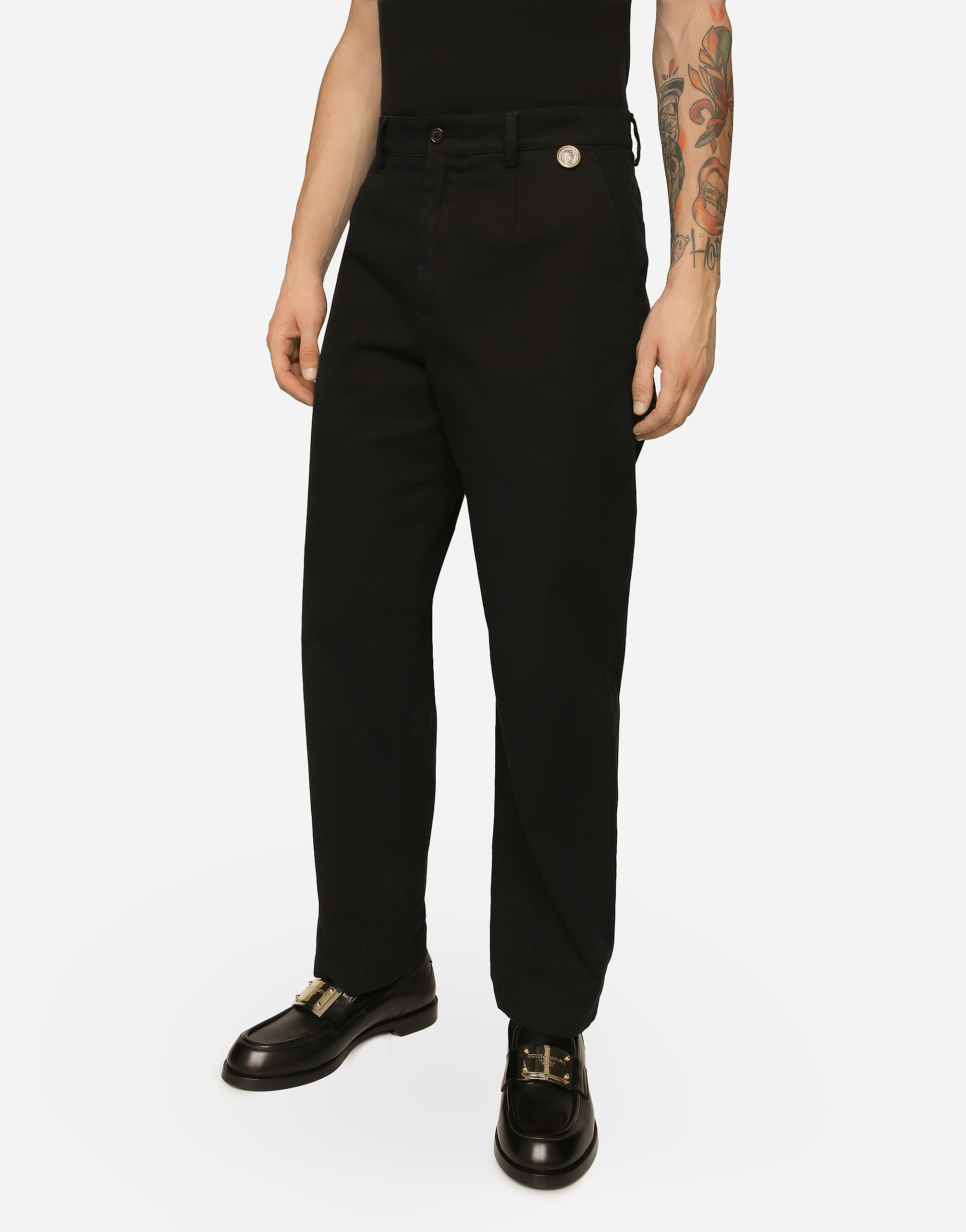 DOLCE & GABBANA COIN DETAIL COTTON GABARDINE PANTS