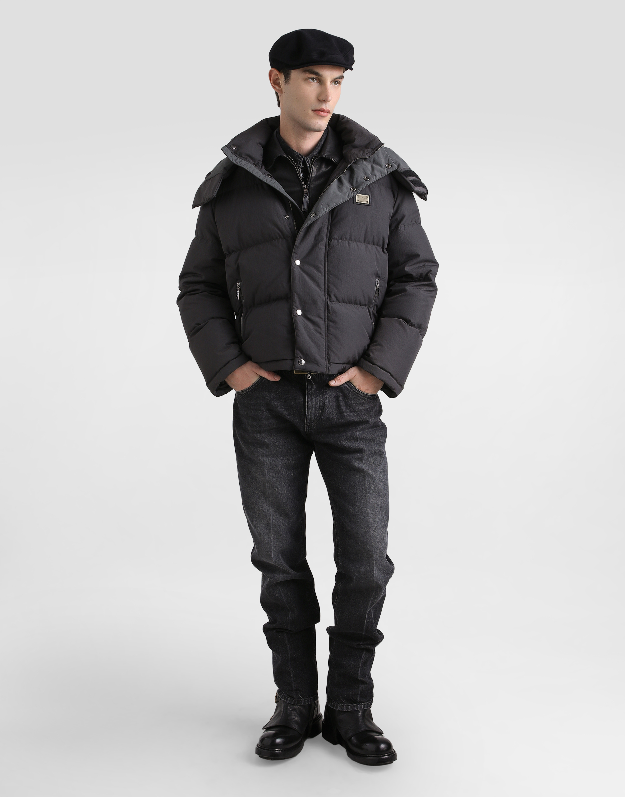Dolce & Gabbana Men Nylon Short Down Jacket In Gray