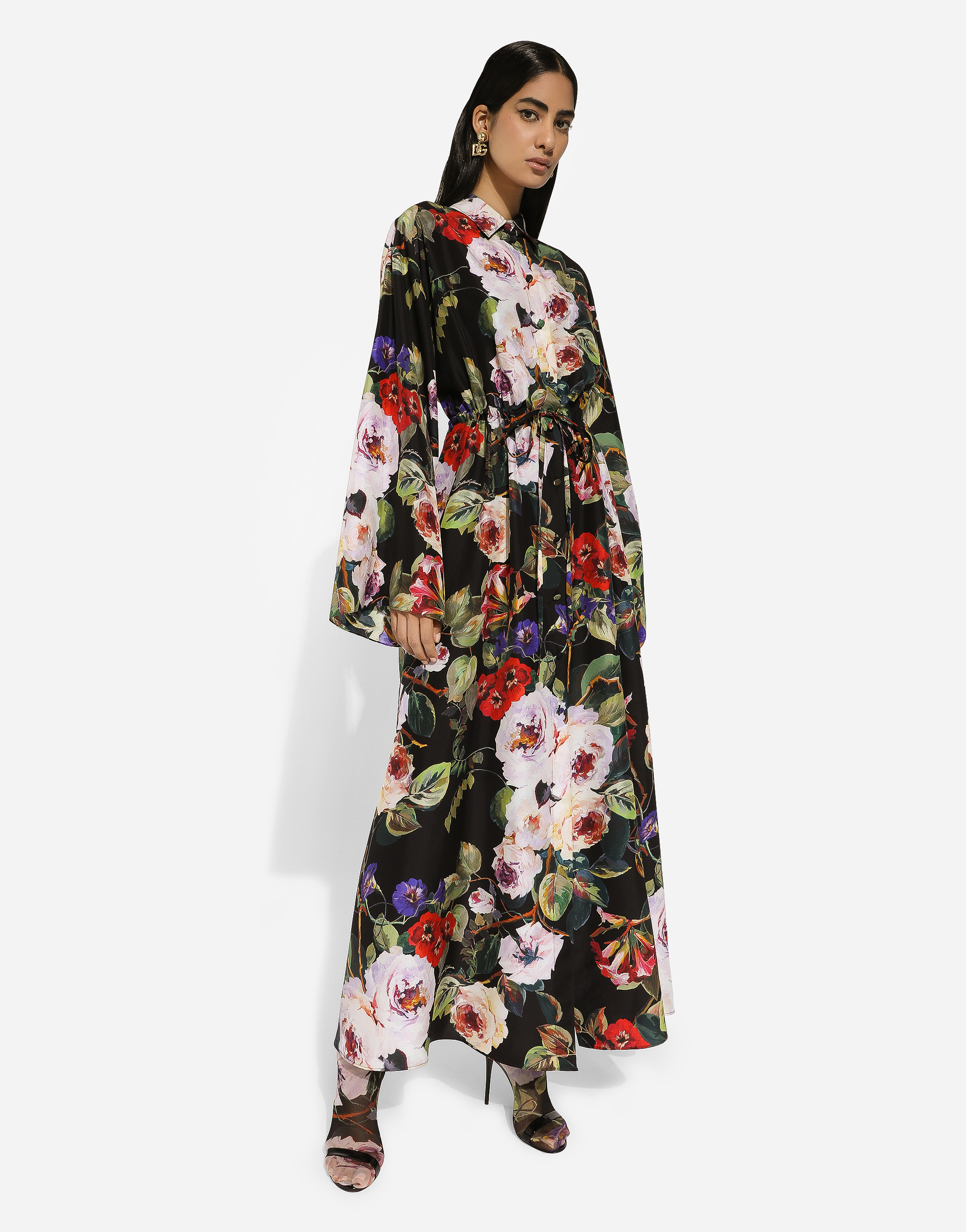 Shop Dolce & Gabbana Silk Caftan With Rose Garden Print And Drawstring