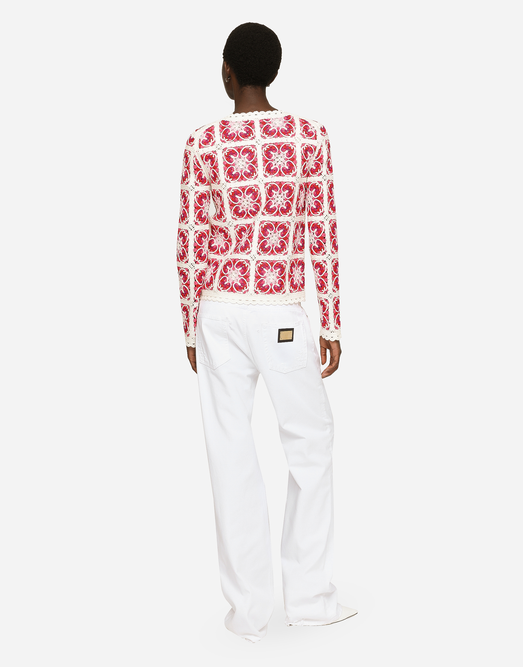 DOLCE & GABBANA BRICK-STITCHED CROCHET CARDIGAN WITH MAJOLICA PRINT