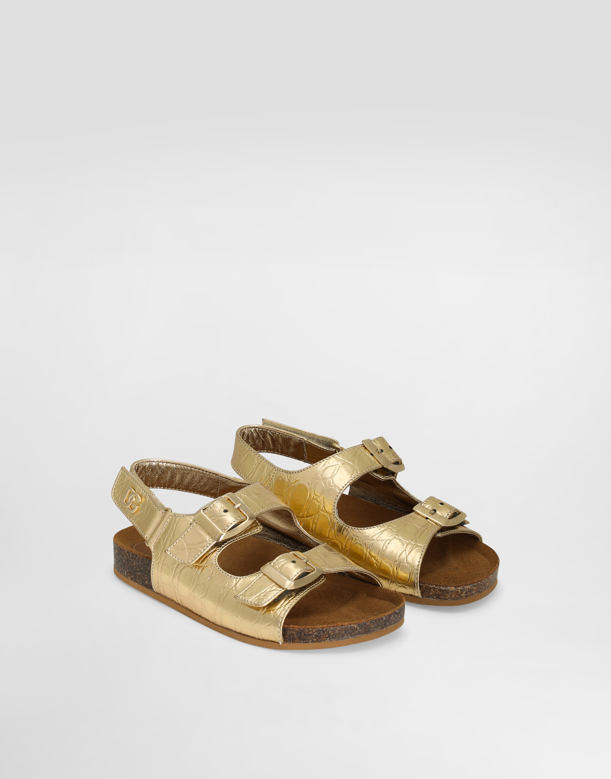 Dolce & Gabbana Crocodile-print Calfskin Sandals With Dg Logo In Gold