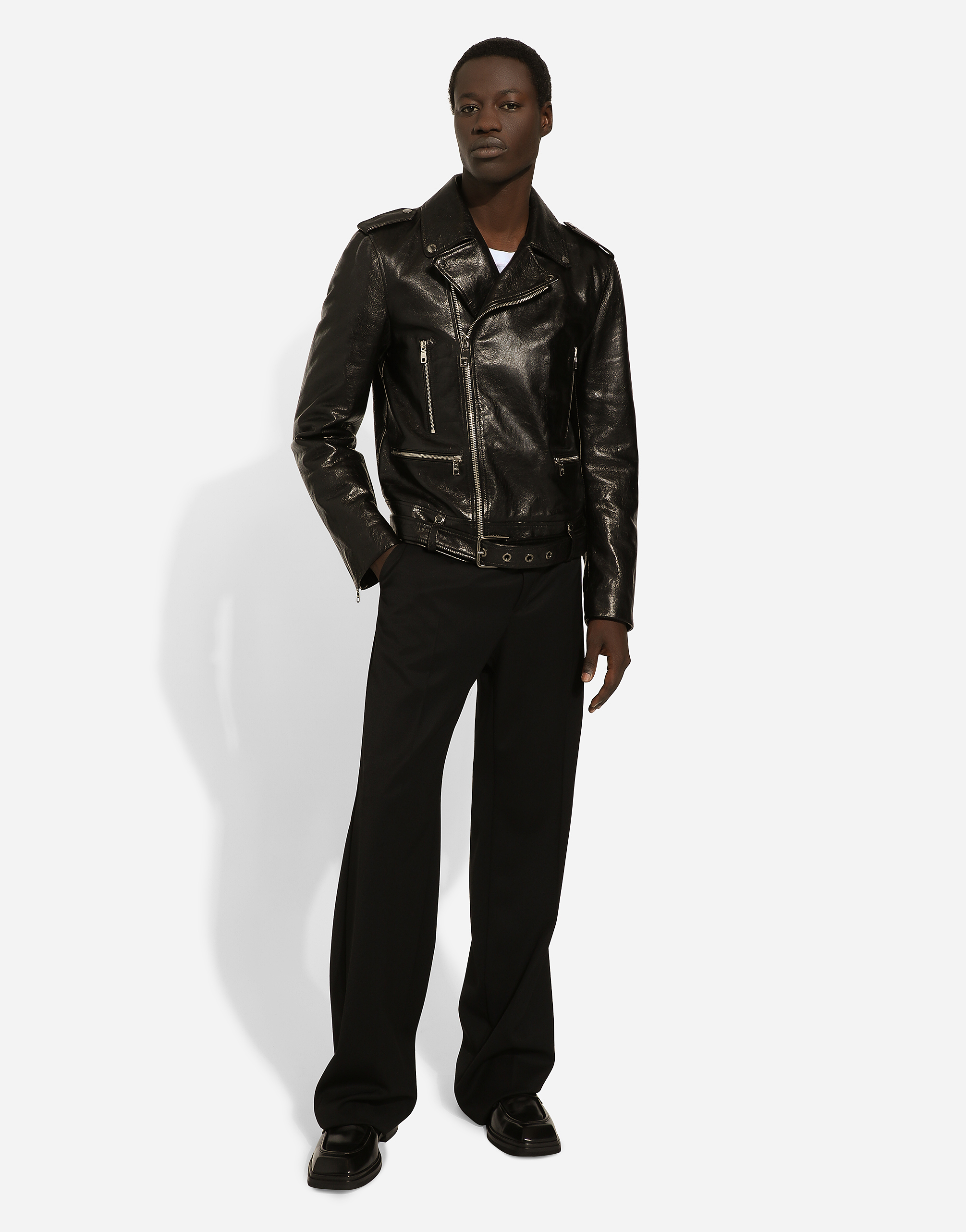 Belted leather biker jacket