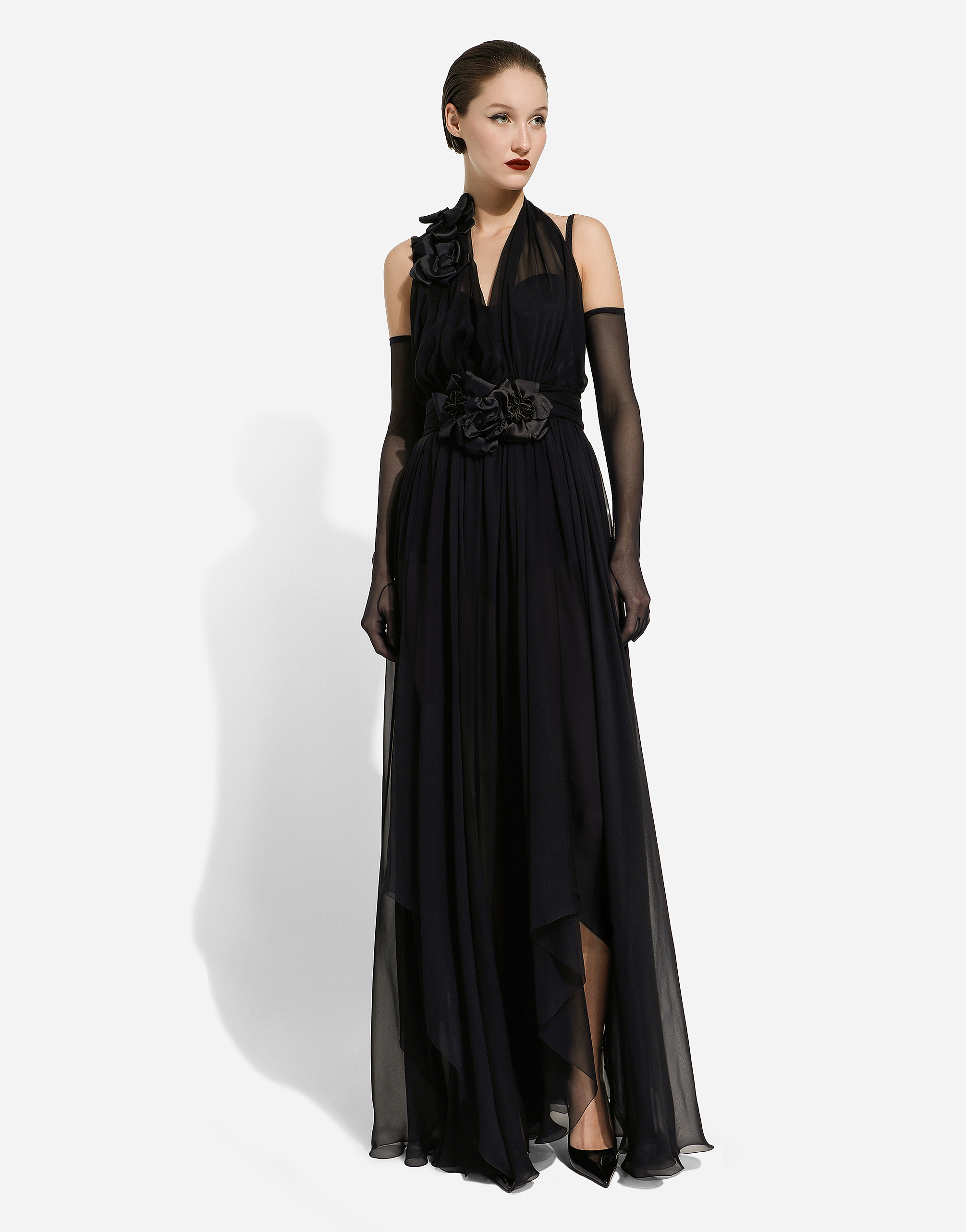 Long silk chiffon dress with floral appliqué