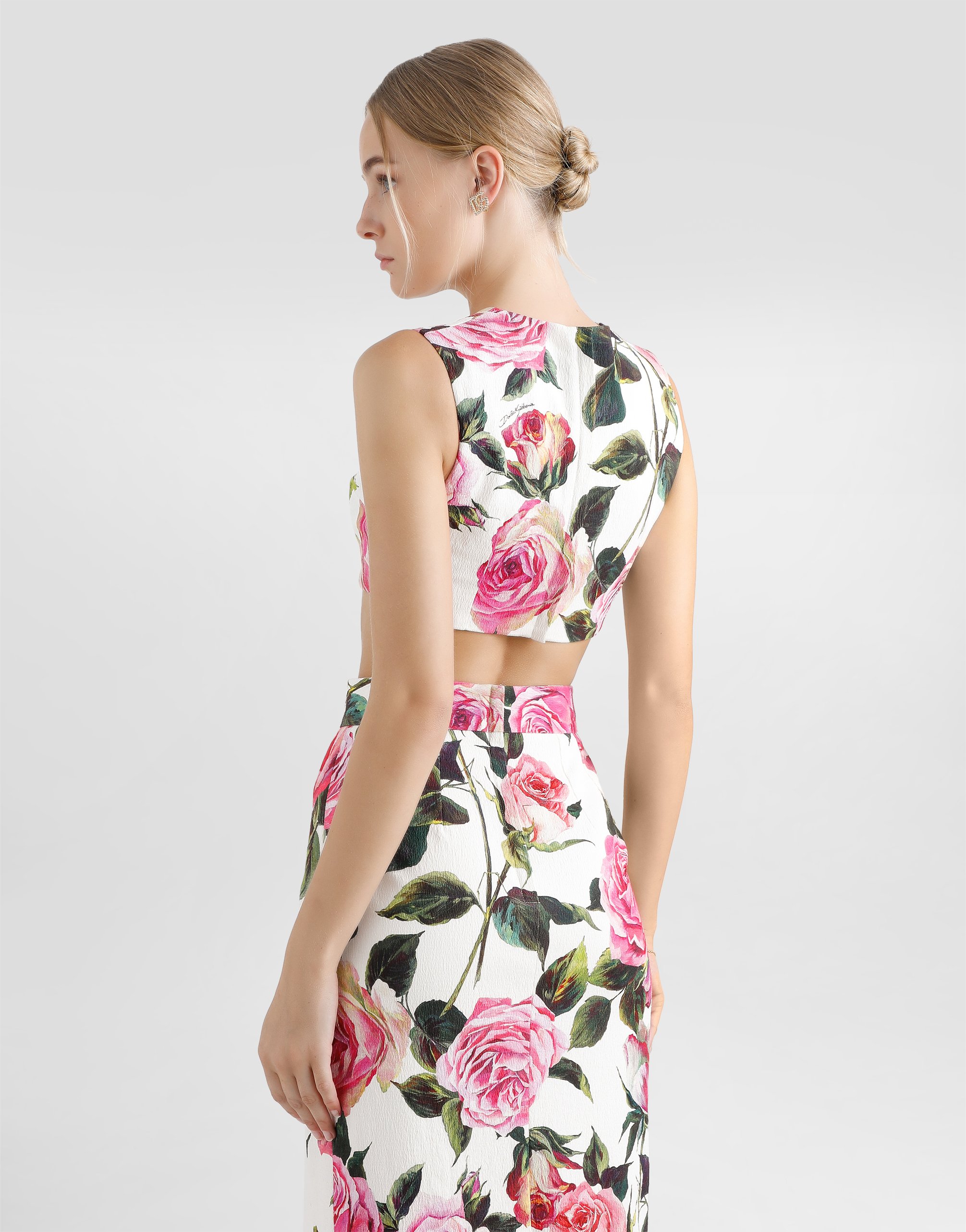 Dolce & Gabbana Jacquard Crop Top With Rose Print In Print