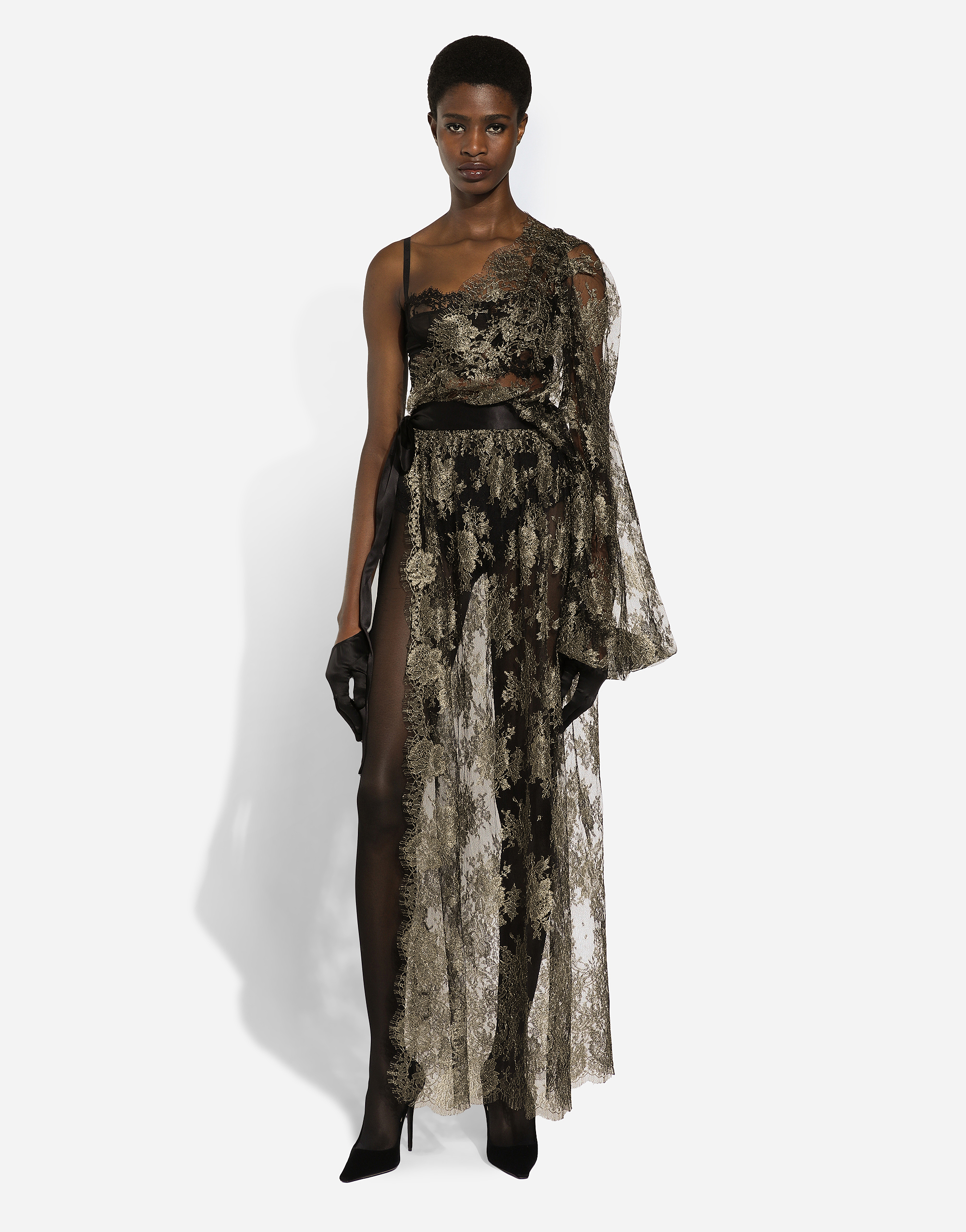 Dolce & Gabbana Semi-sheer Lace Gown In Gold