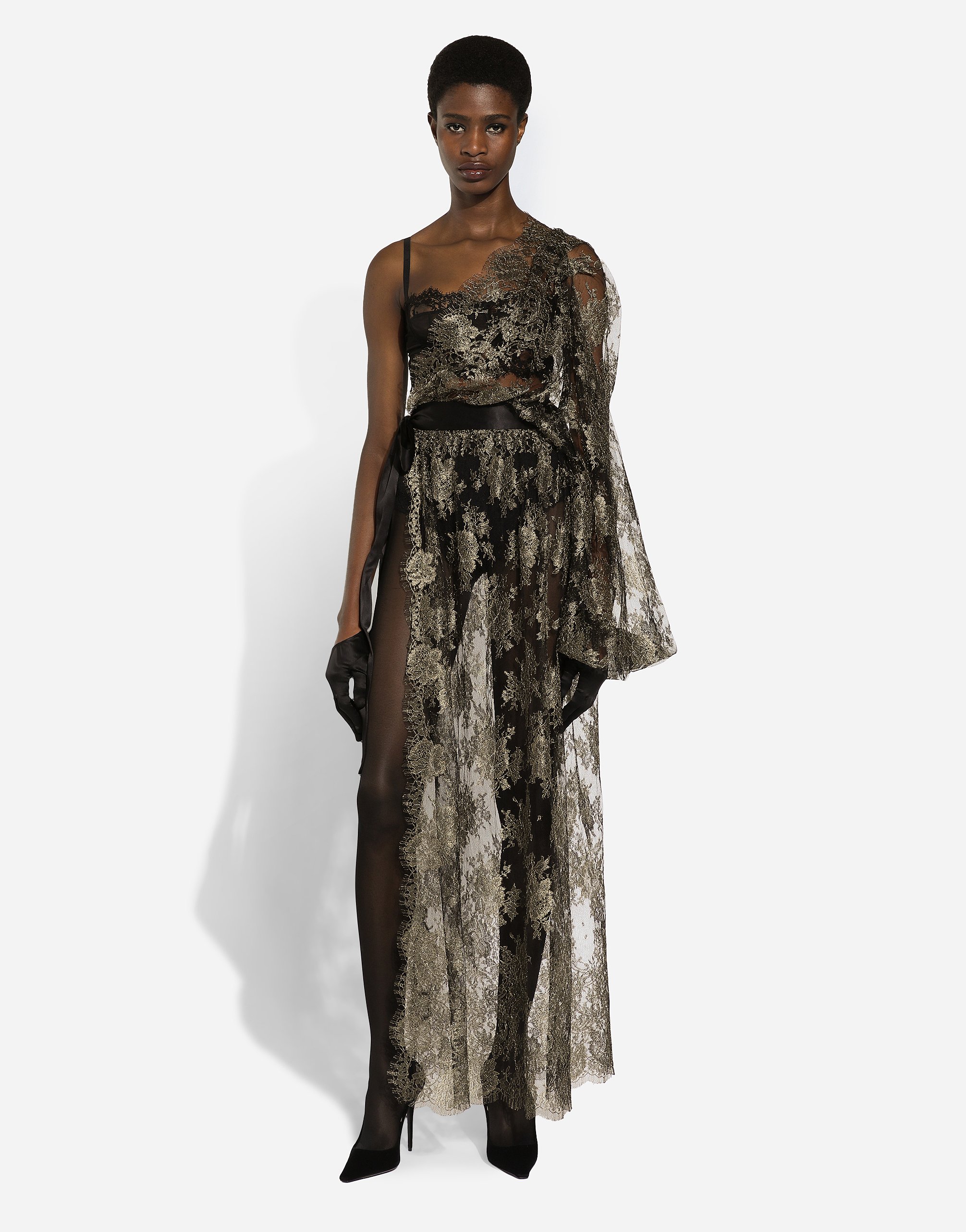 Dolce & Gabbana Semi-sheer Lace Gown In Gold