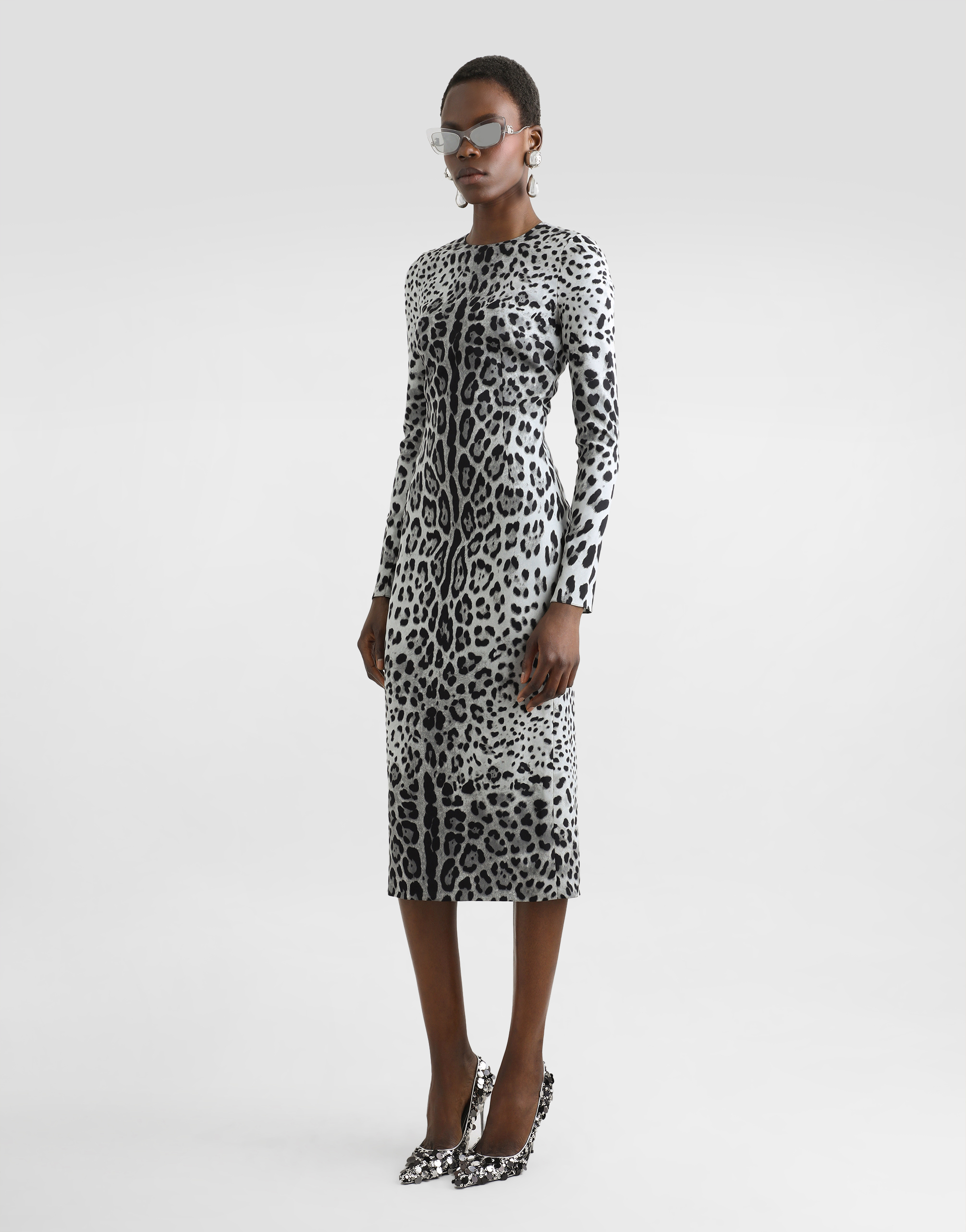 Shop Dolce & Gabbana Charmeuse Calf-length Sheath Dress With Leopard Print