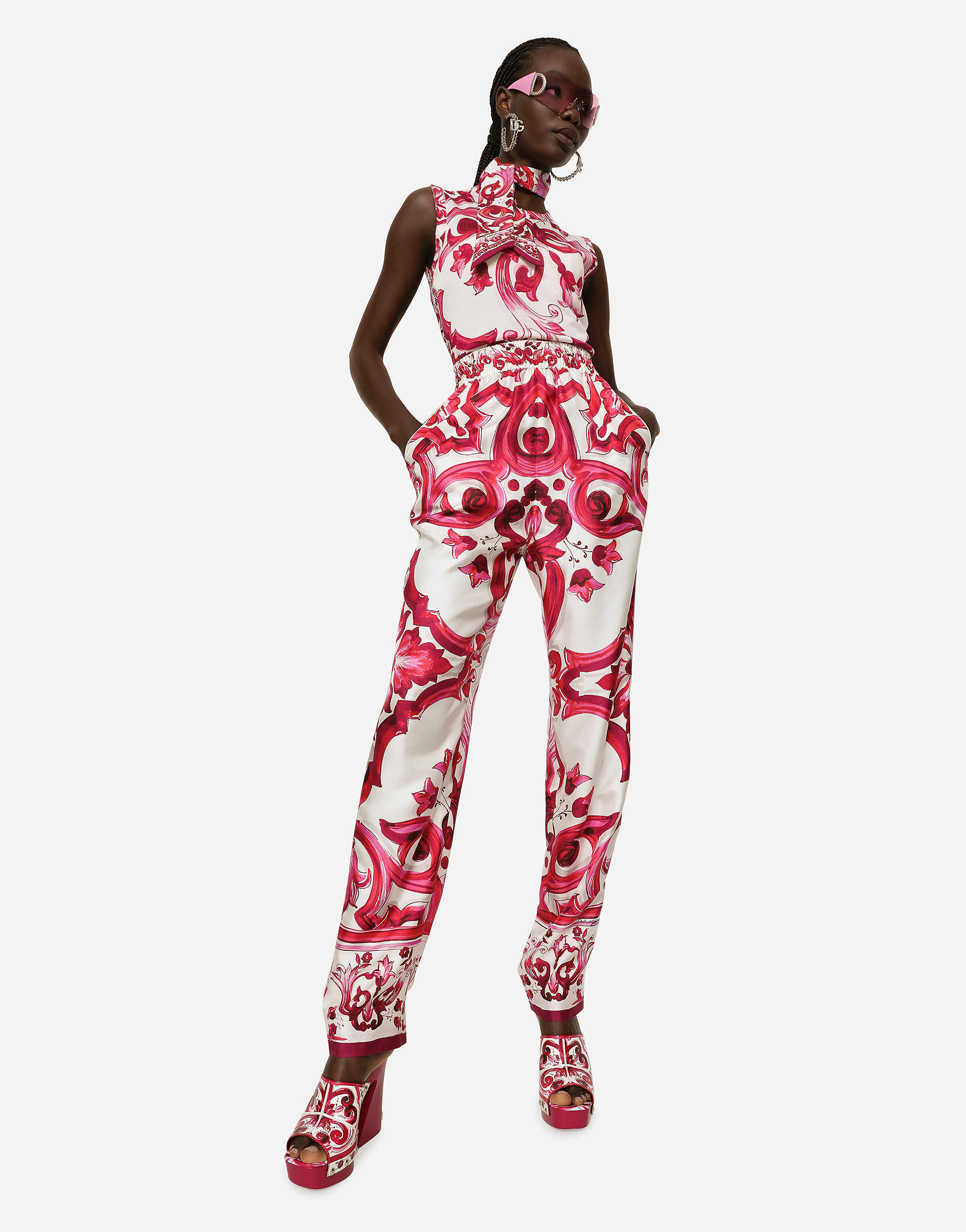 DOLCE & GABBANA SLEEVELESS SILK TOP WITH MAJOLICA PRINT