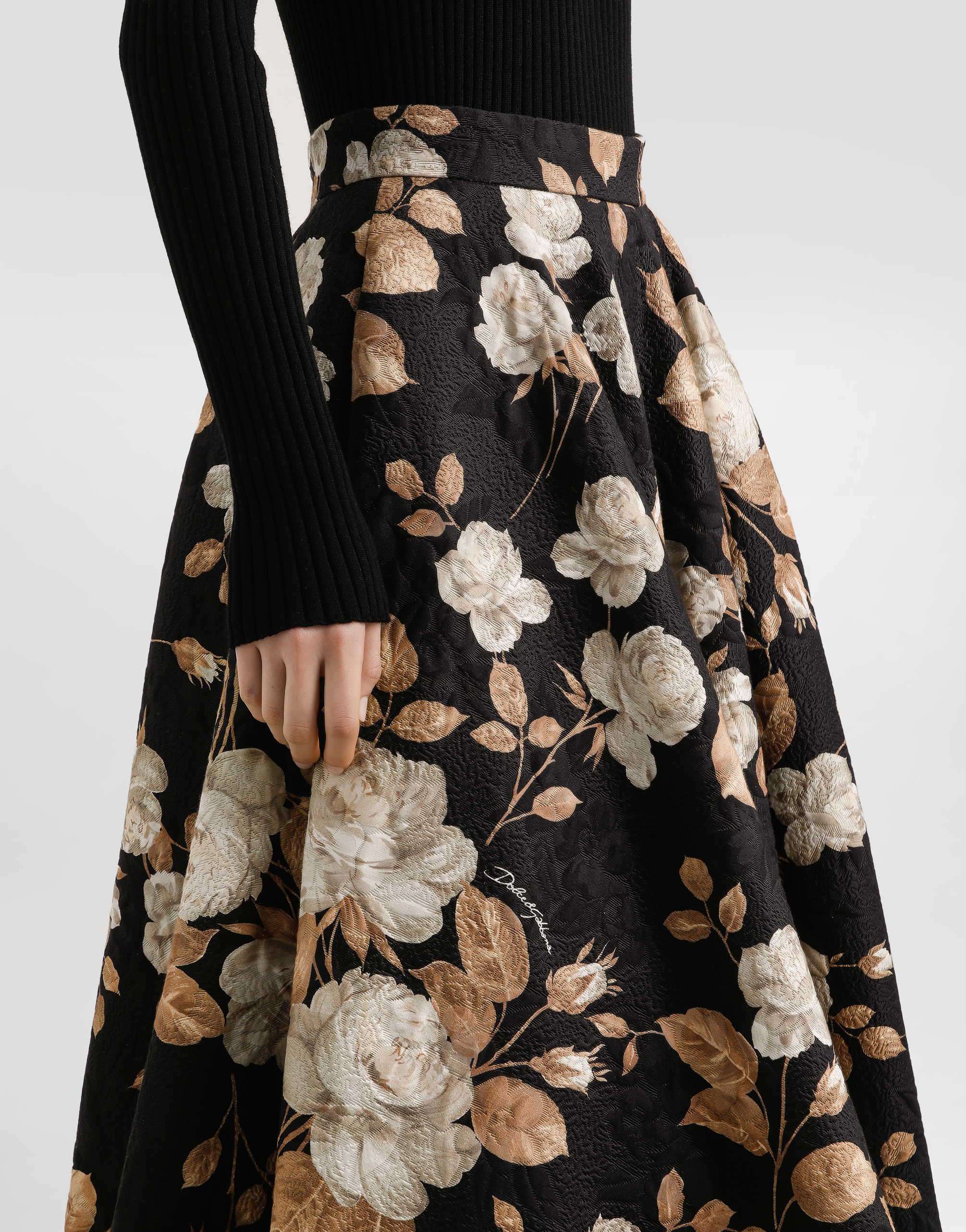 Dolce & Gabbana Vintage Rose-print Brocade Midi Skirt In Brown