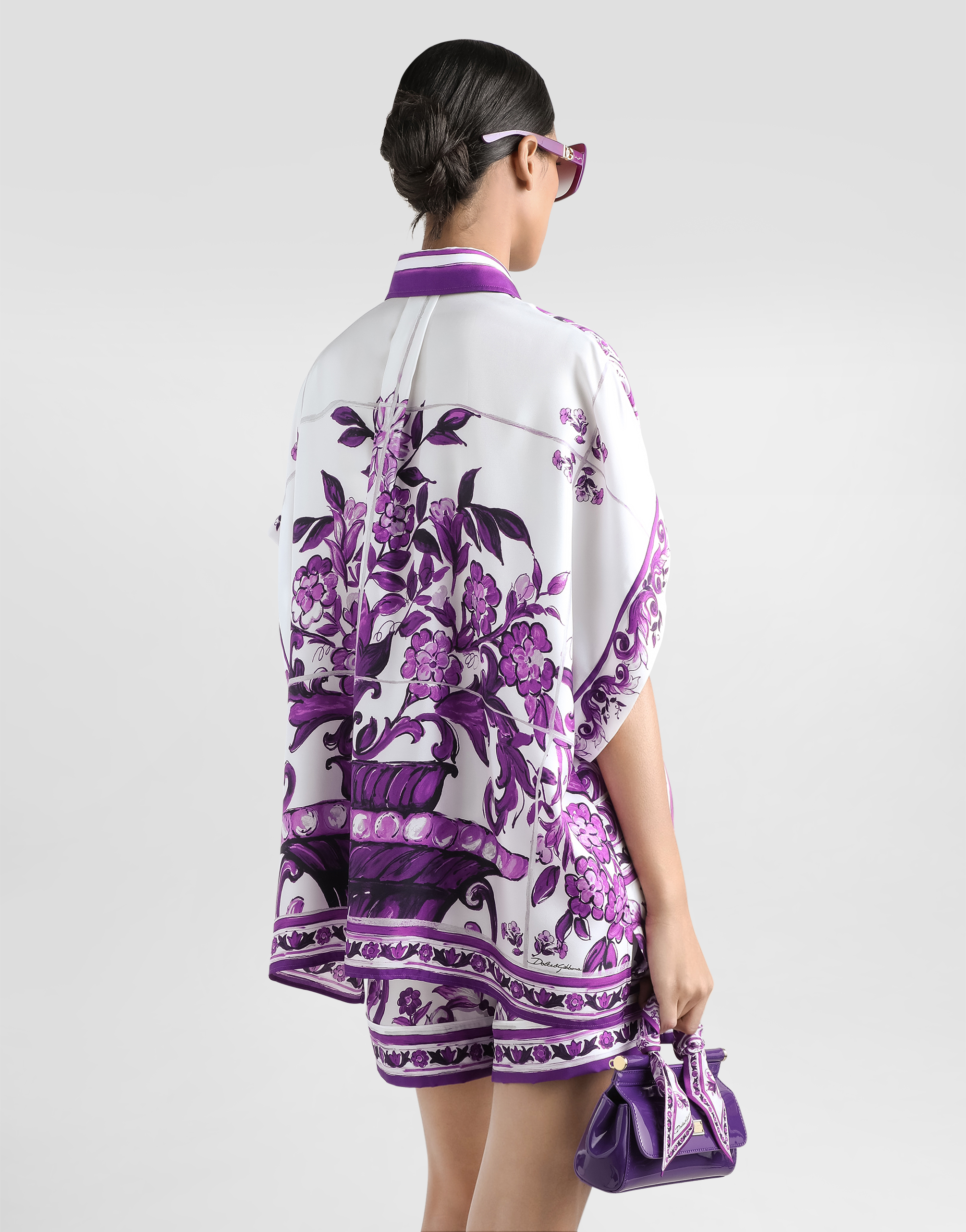 Dolce & Gabbana Silk Shirt With Bold Floral Print In Purple
