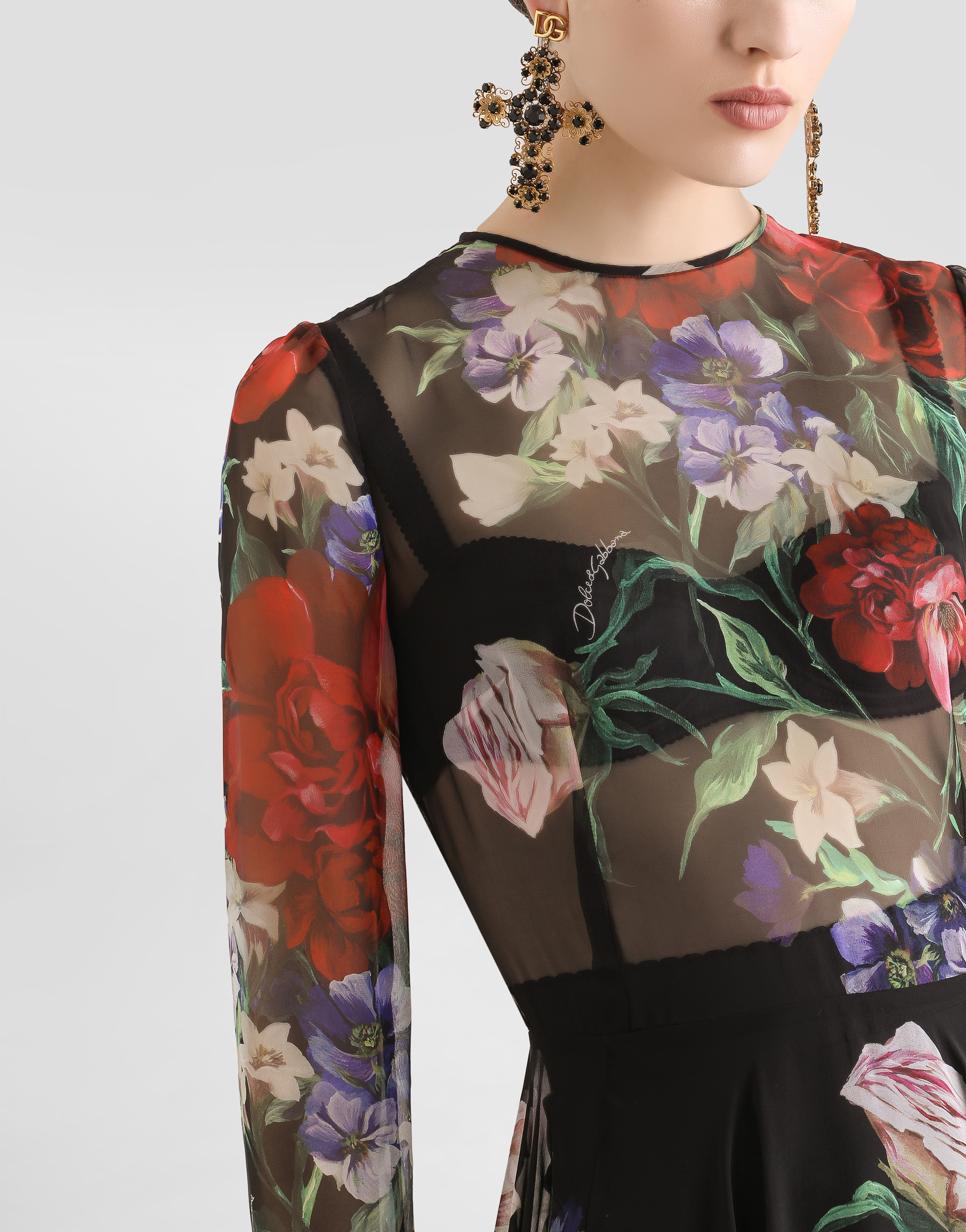 Floral-print chiffon calf-length dress with circle skirt