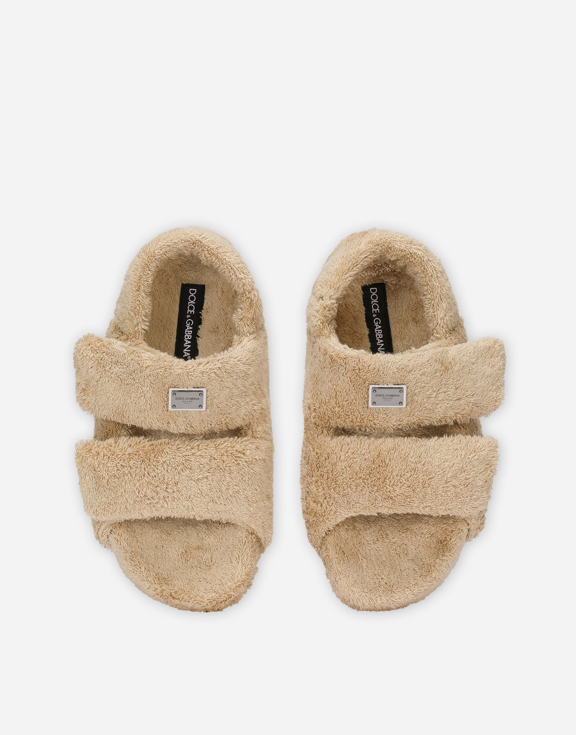 Shop Dolce & Gabbana Terrycloth Sandals With Logo Tag In Beige