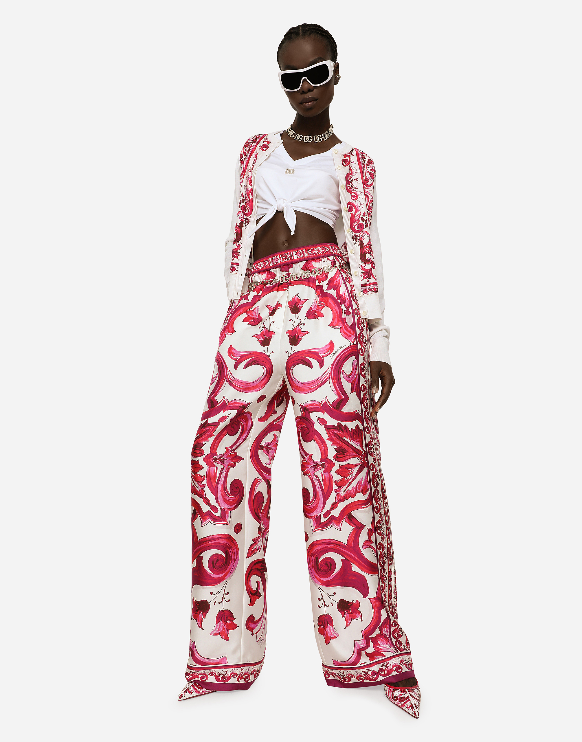 DOLCE & GABBANA MAJOLICA-PRINT SILK AND TWILL CARDIGAN