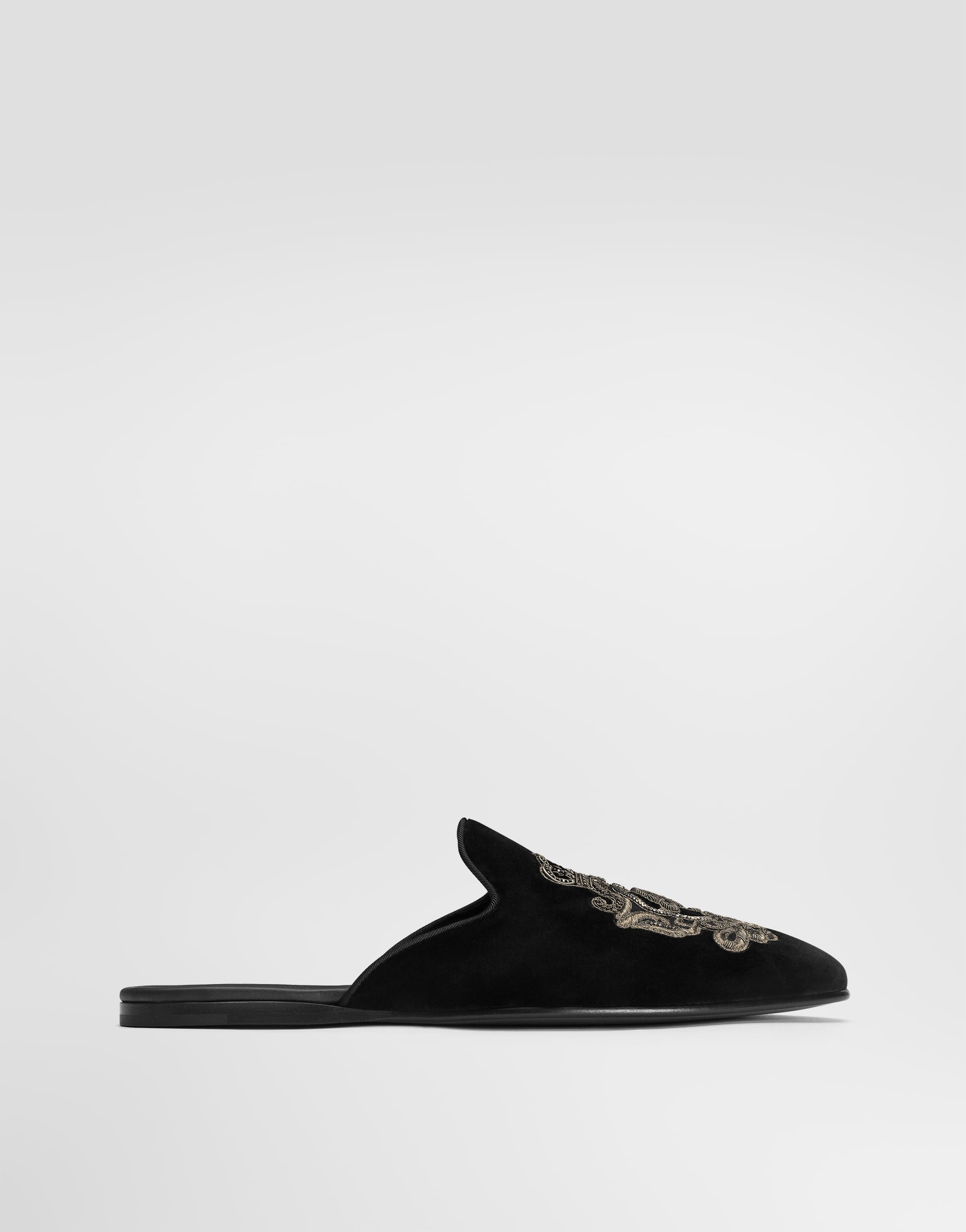 Velvet slippers with coat of arms embroidery in Black for Men
