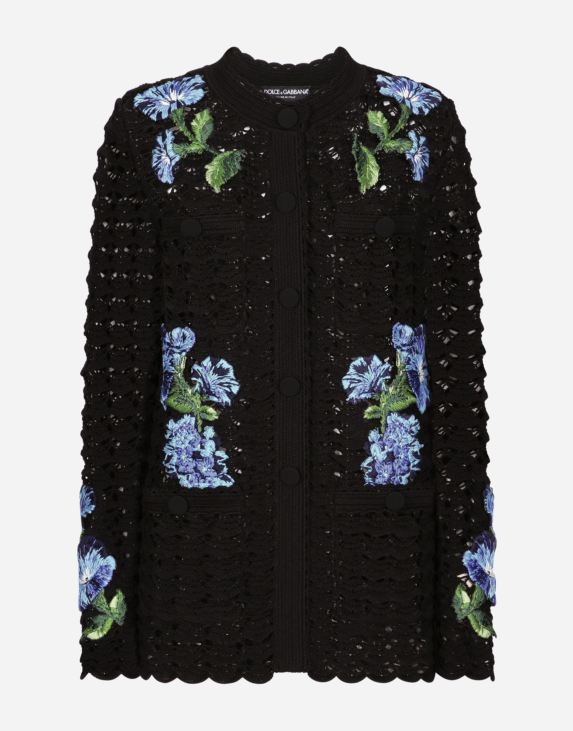 Dolce & Gabbana Crochet Cardigan With Bluebell Embroidery In Black