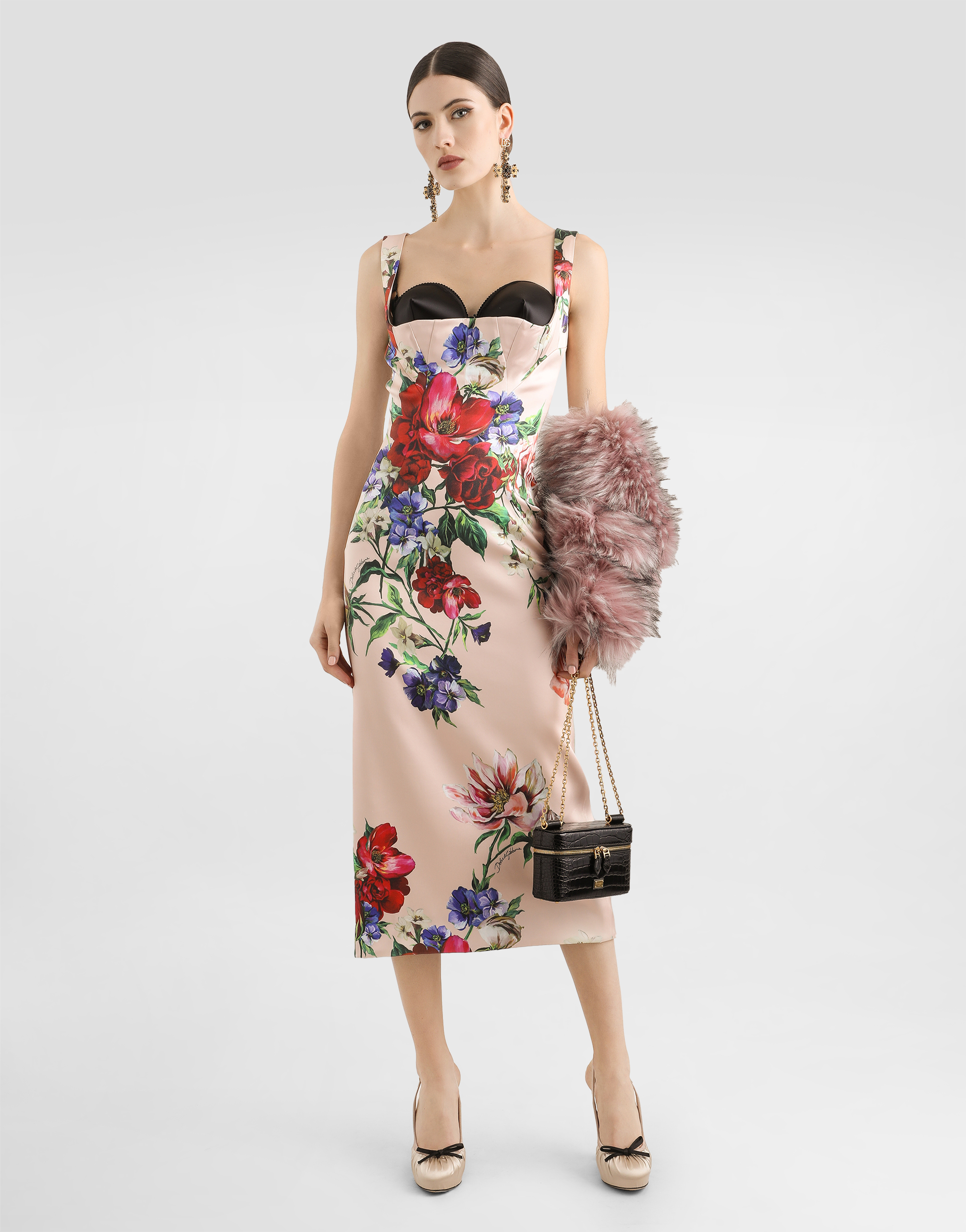Dolce & Gabbana Satin Calf-length Sheath Dress With Floral Print In Print