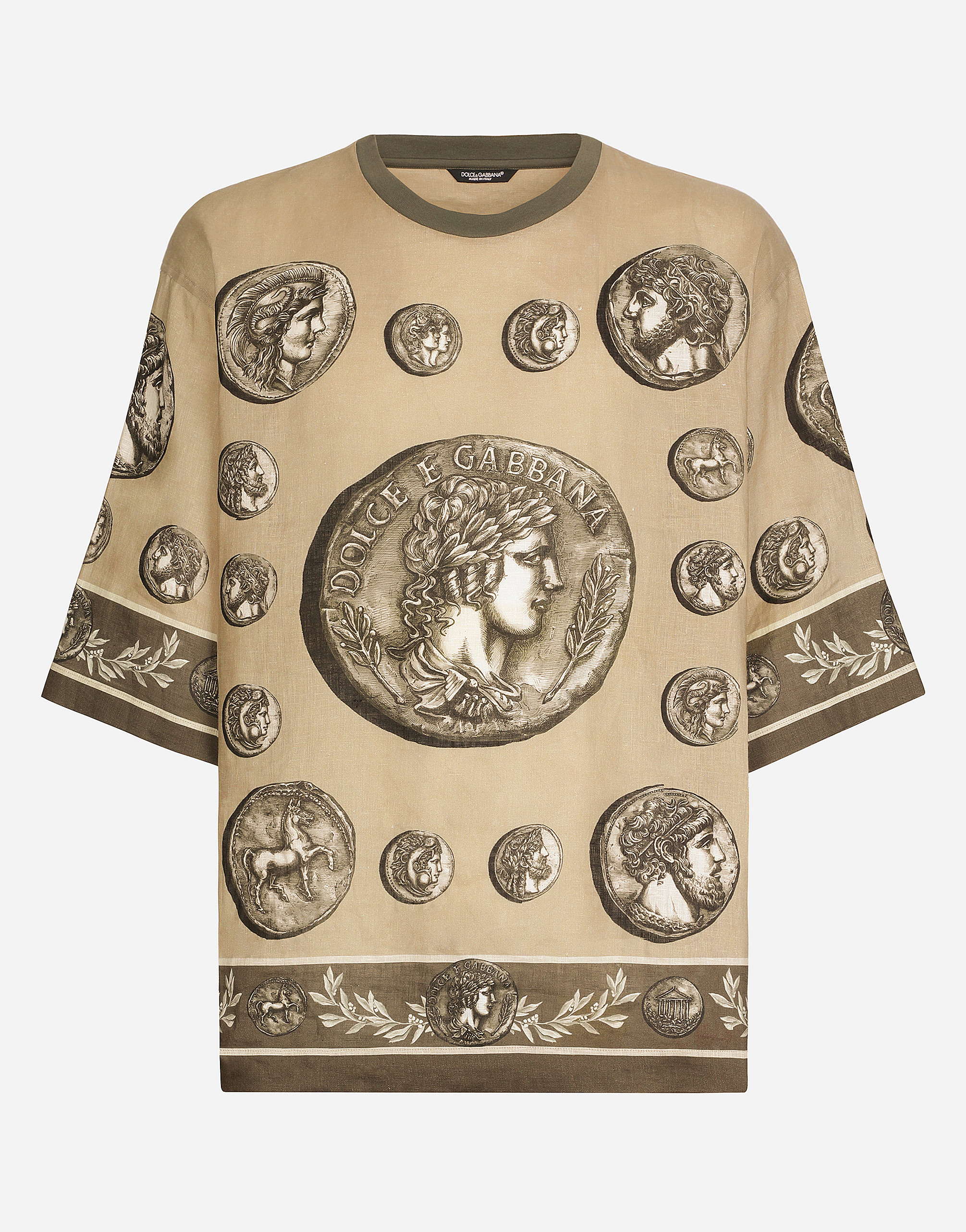 DOLCE & GABBANA COIN PRINT LINEN AND COTTON T-SHIRT