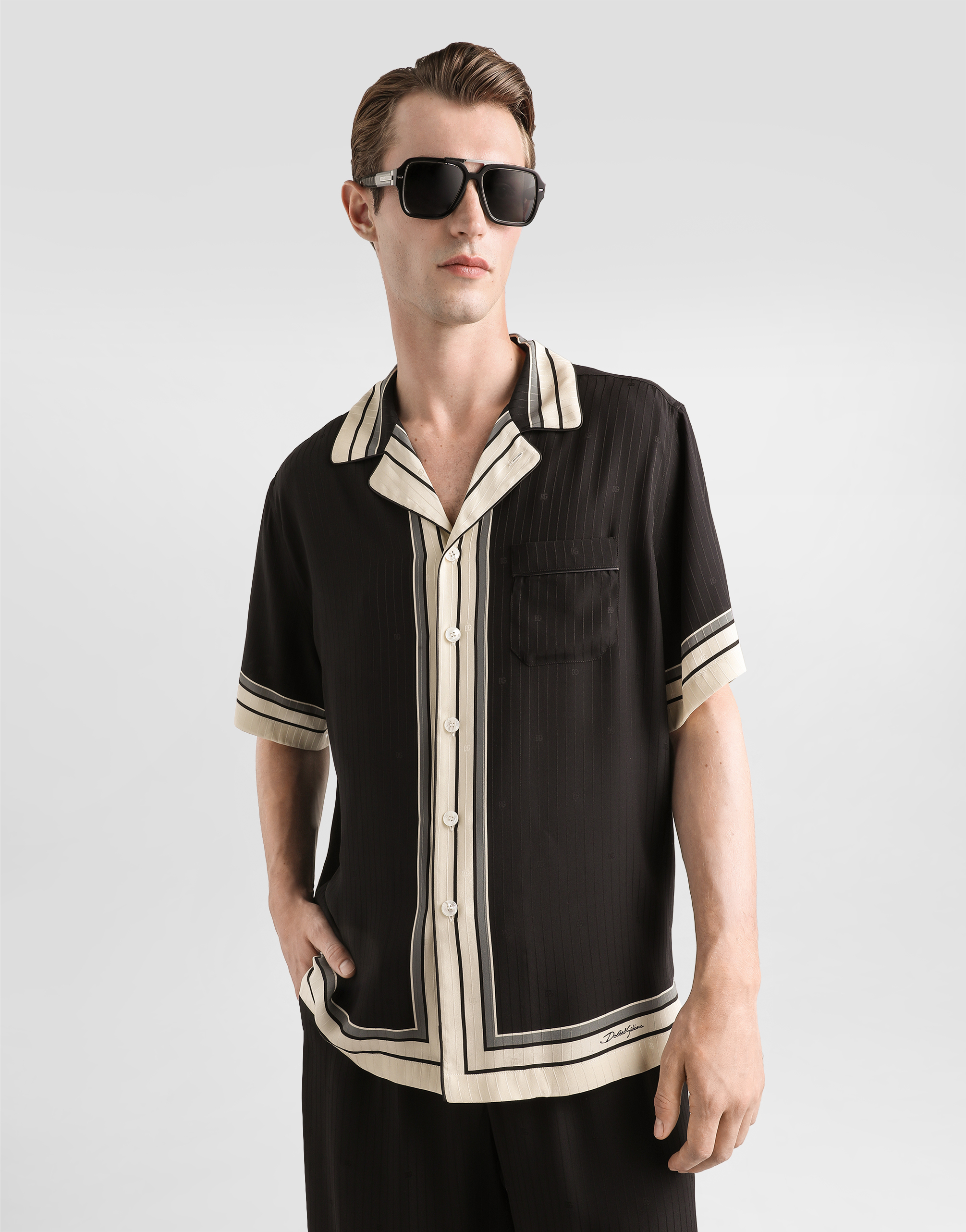 Dolce & Gabbana Men Hawaii Shirt With Logo And Striped Print In Black