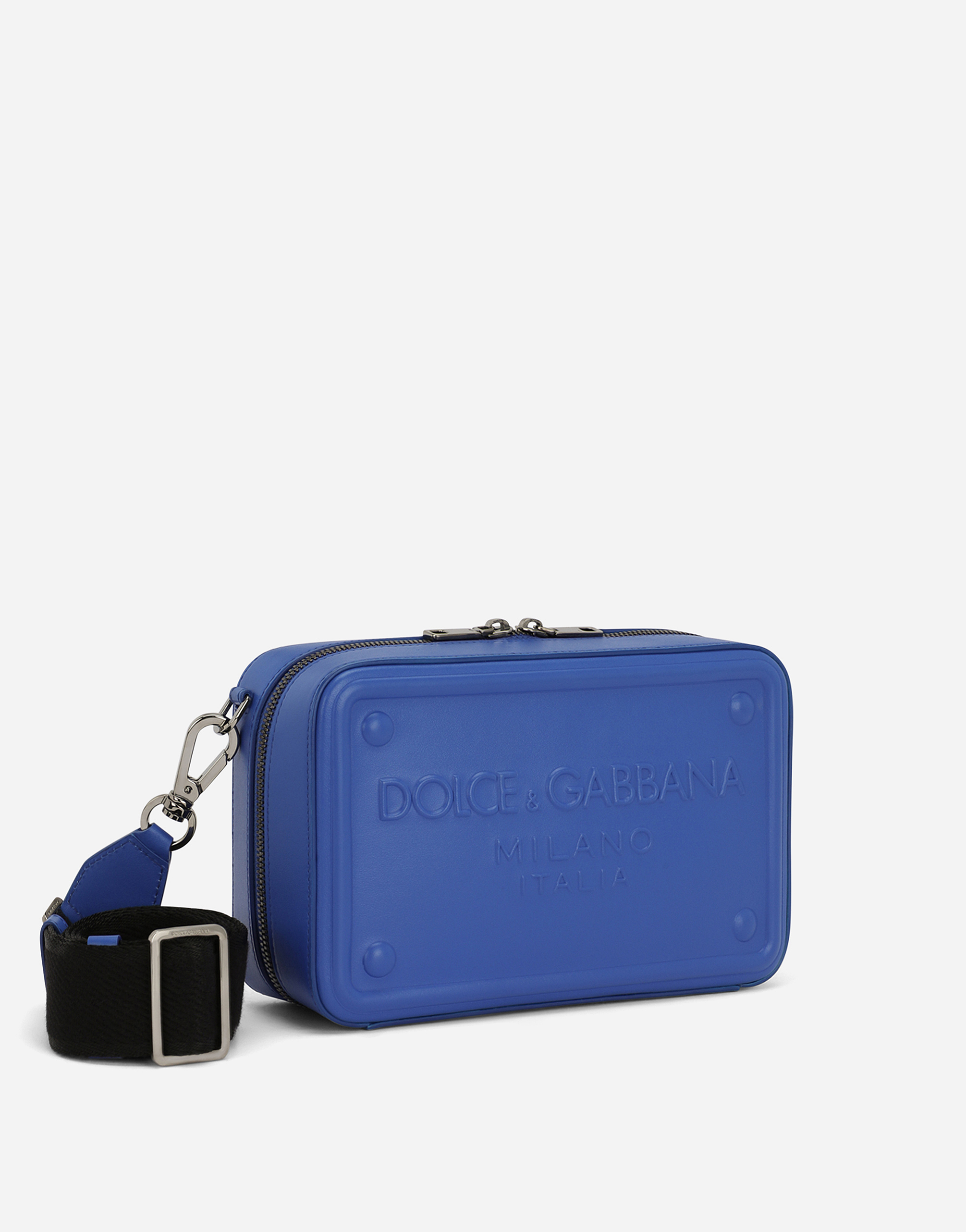 Shop Dolce & Gabbana Calfskin Crossbody Bag With Raised Logo In Blue
