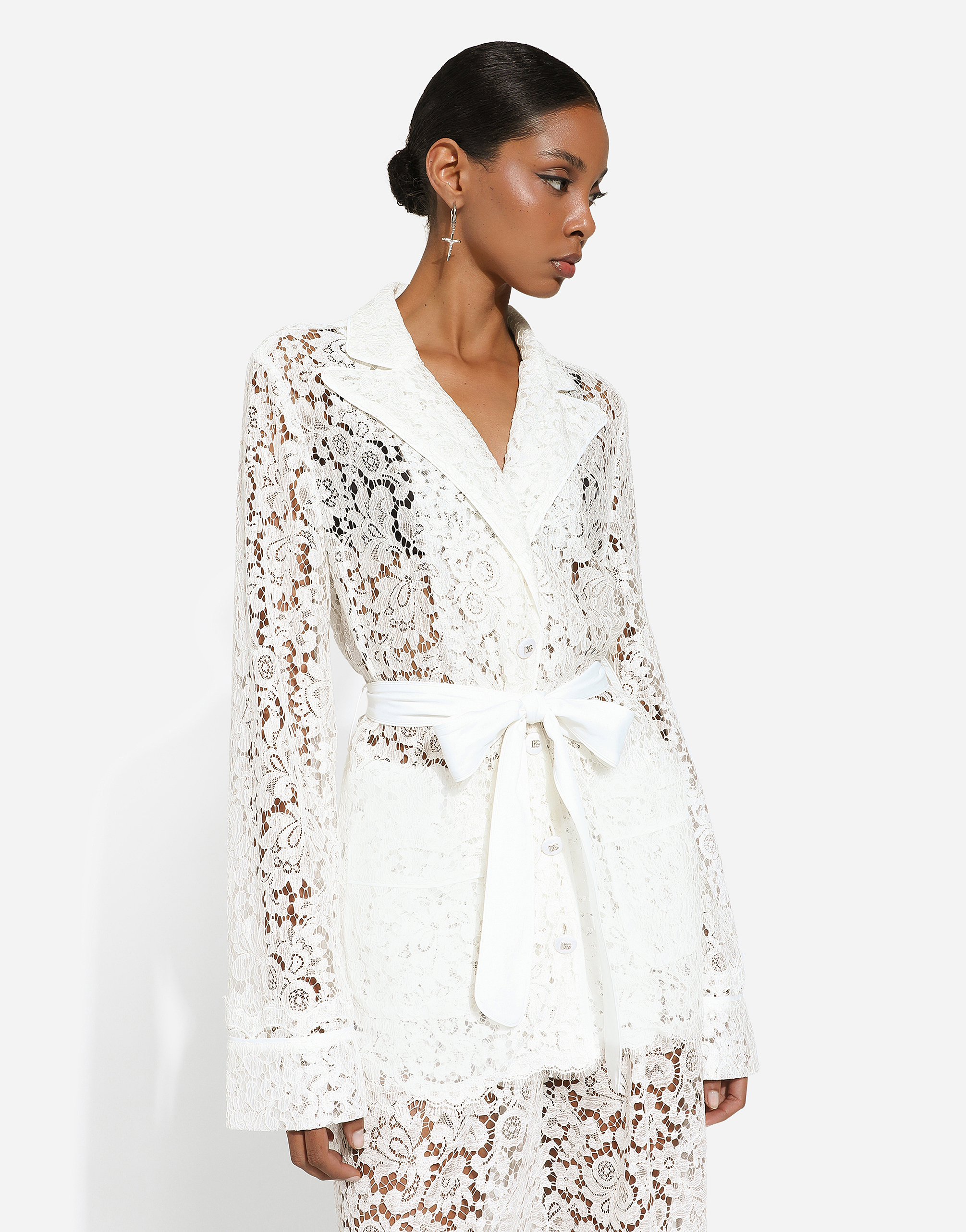 Shop Dolce & Gabbana Floral Cordonetto Lace Pajama Shirt In White