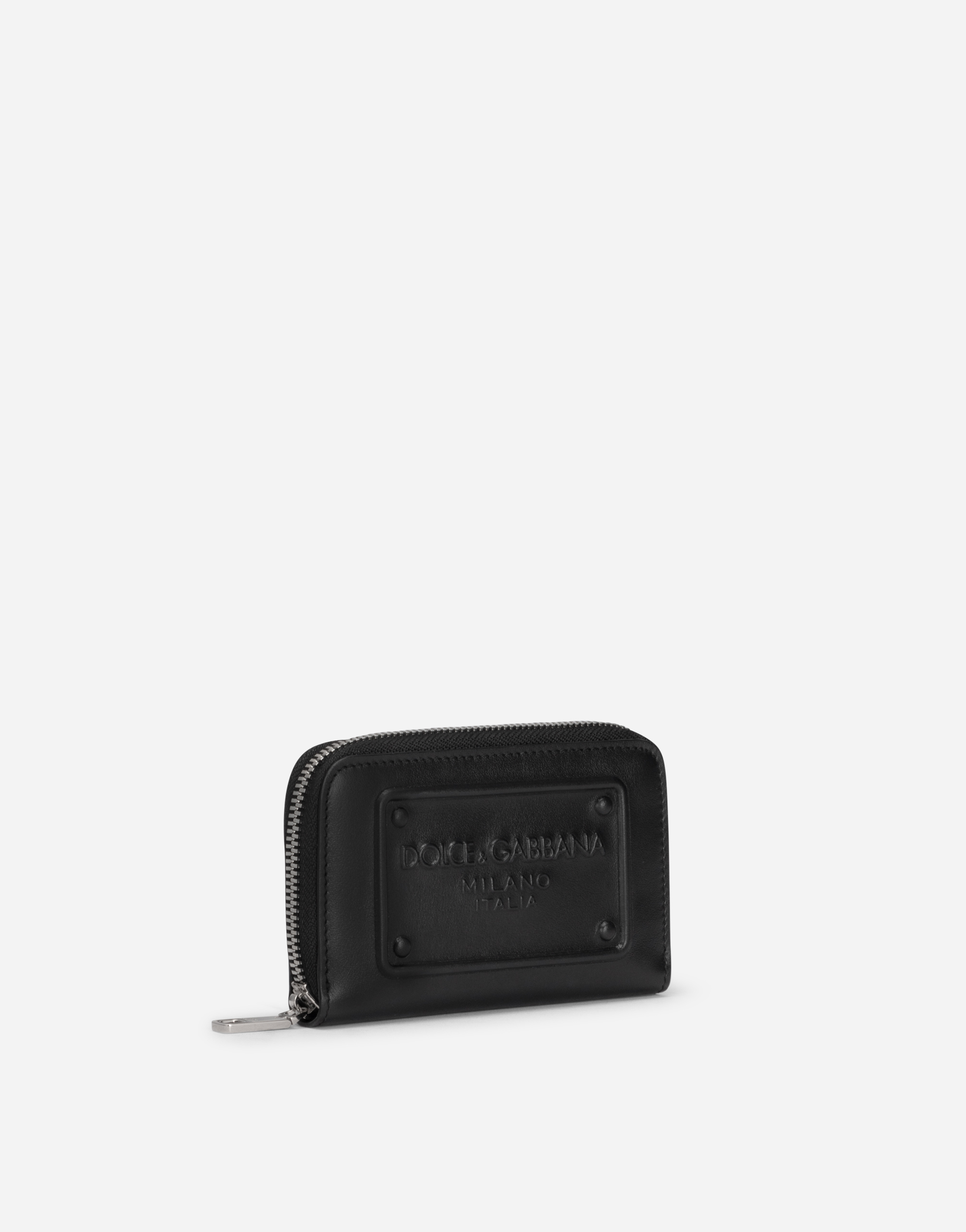 Dolce & Gabbana Small Zip-around Wallet In Calfskin With Raised Logo In Black
