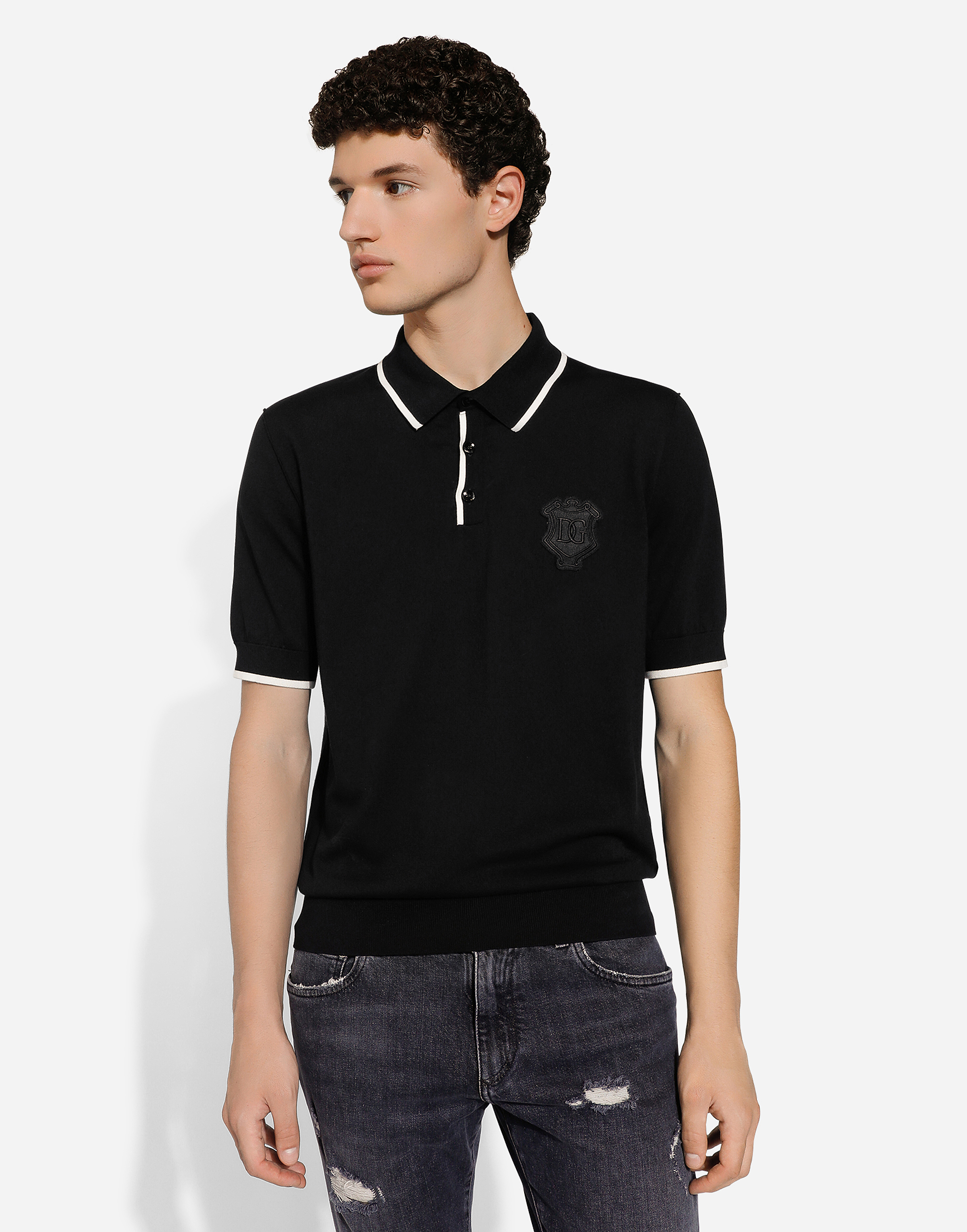Dolce & Gabbana Heraldic Dg Logo Patch Polo T-shirt In Black