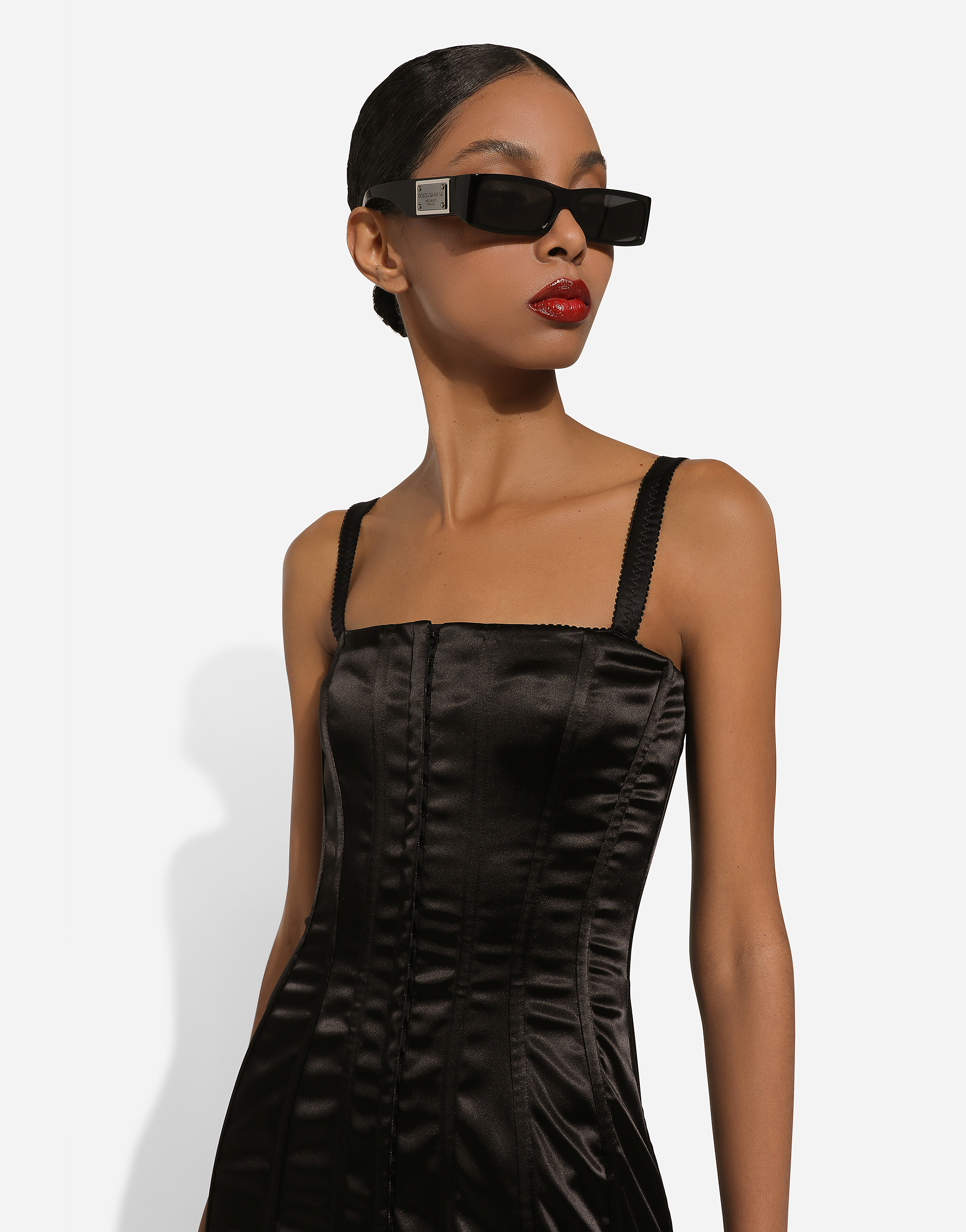 Shop Dolce & Gabbana Short Strapless Satin Dress In Black