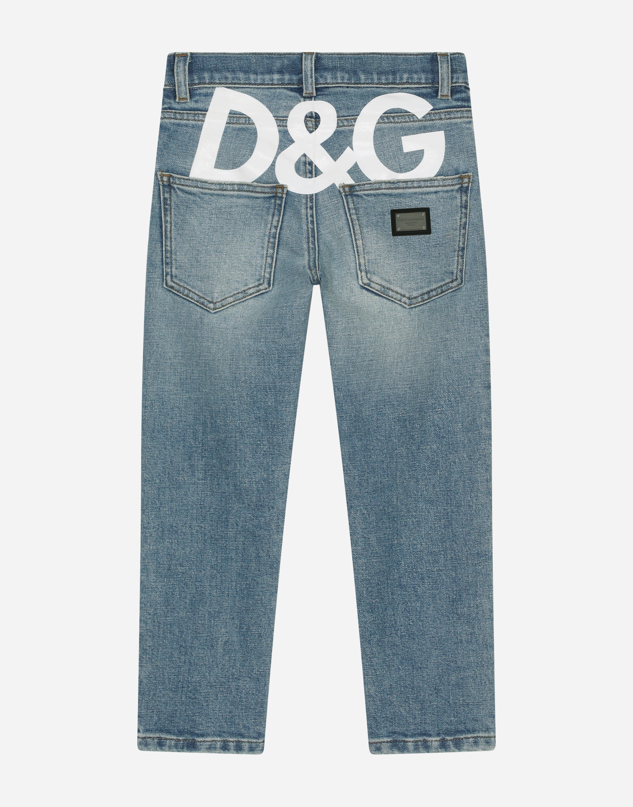 5-pocket treated stretch denim jeans with logo print