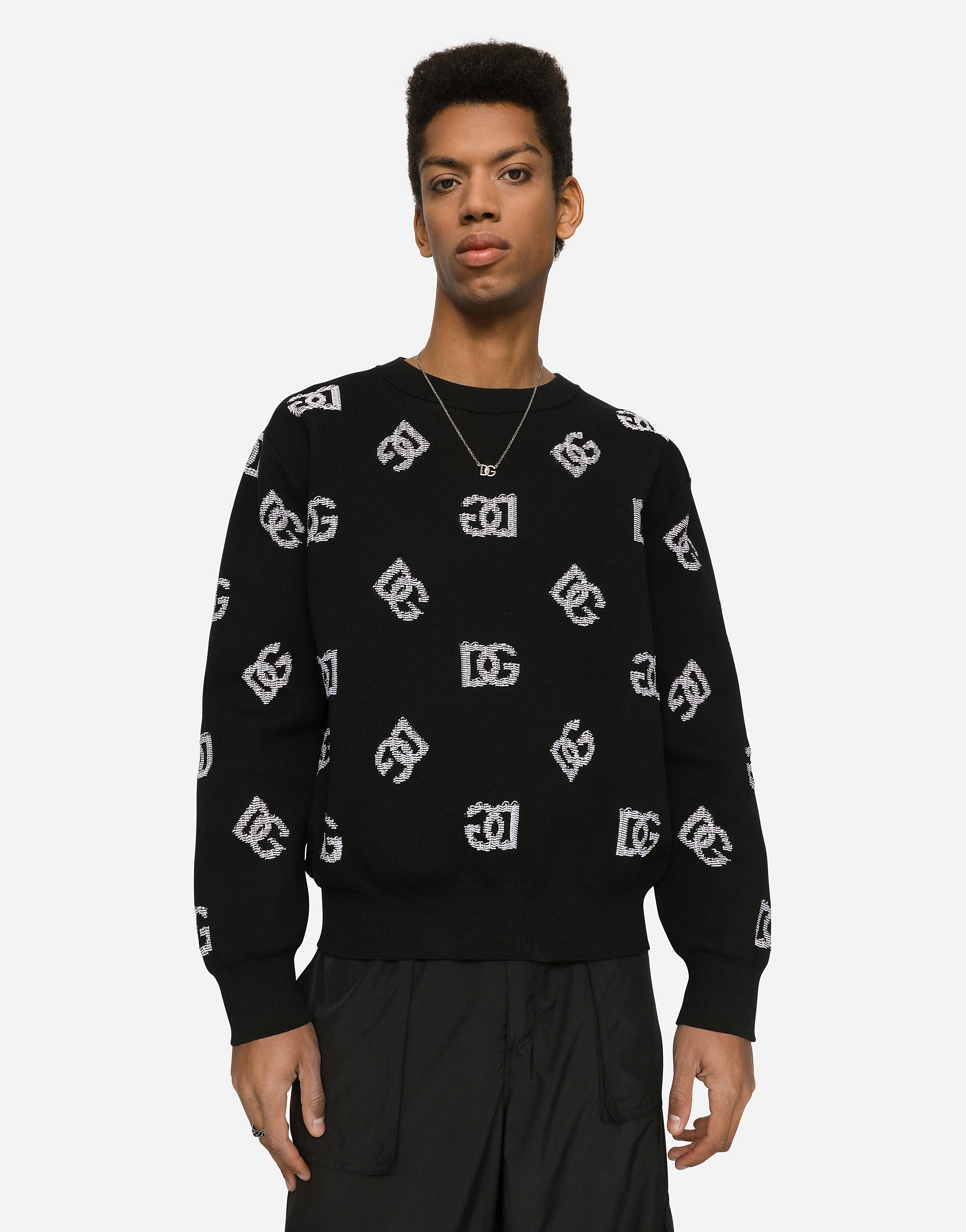 Shop Dolce & Gabbana Round-neck Technical Jacquard Sweater With Dg Detailing In Multicolor
