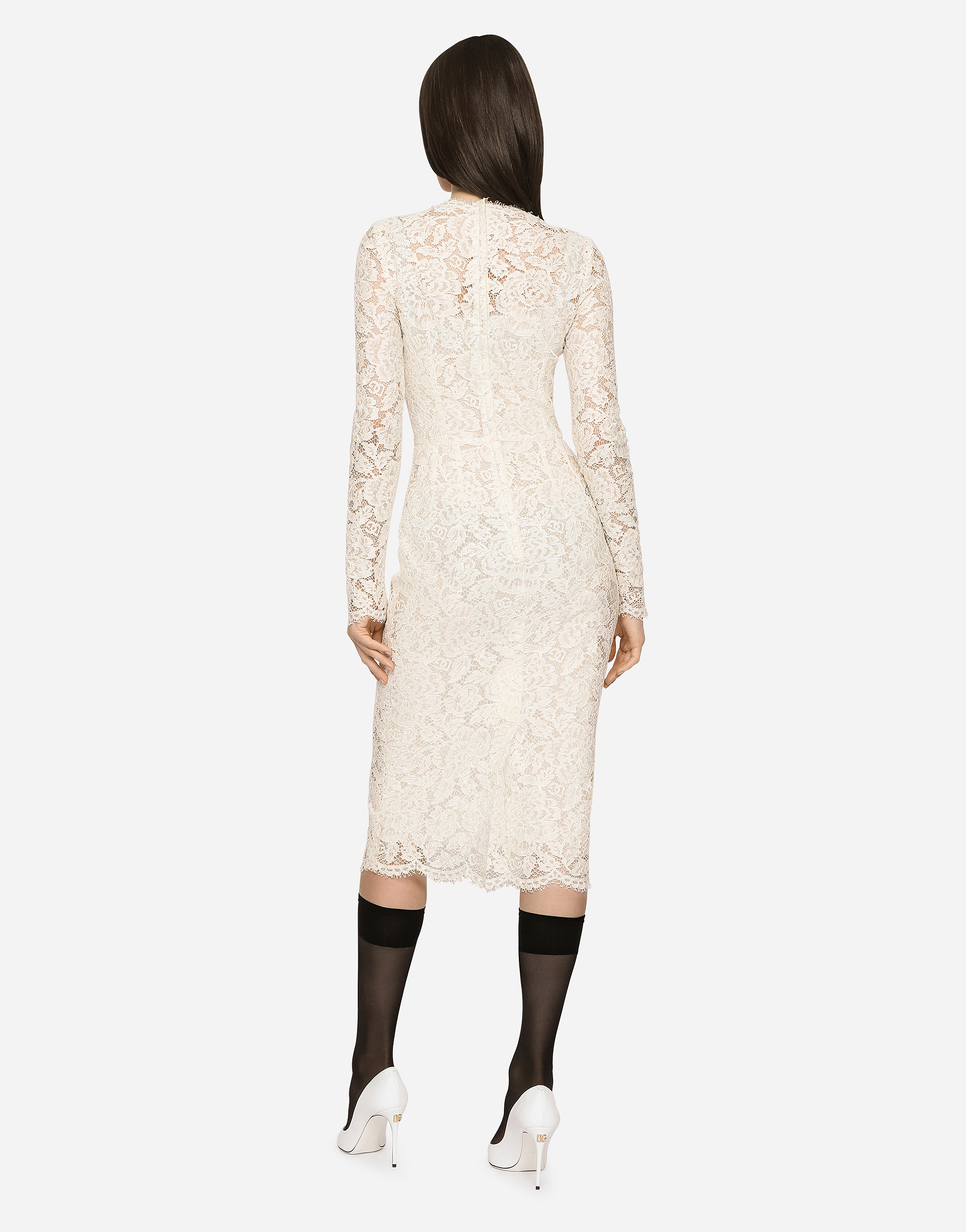Shop Dolce & Gabbana Long-sleeved Branded Stretch Lace Dress In White