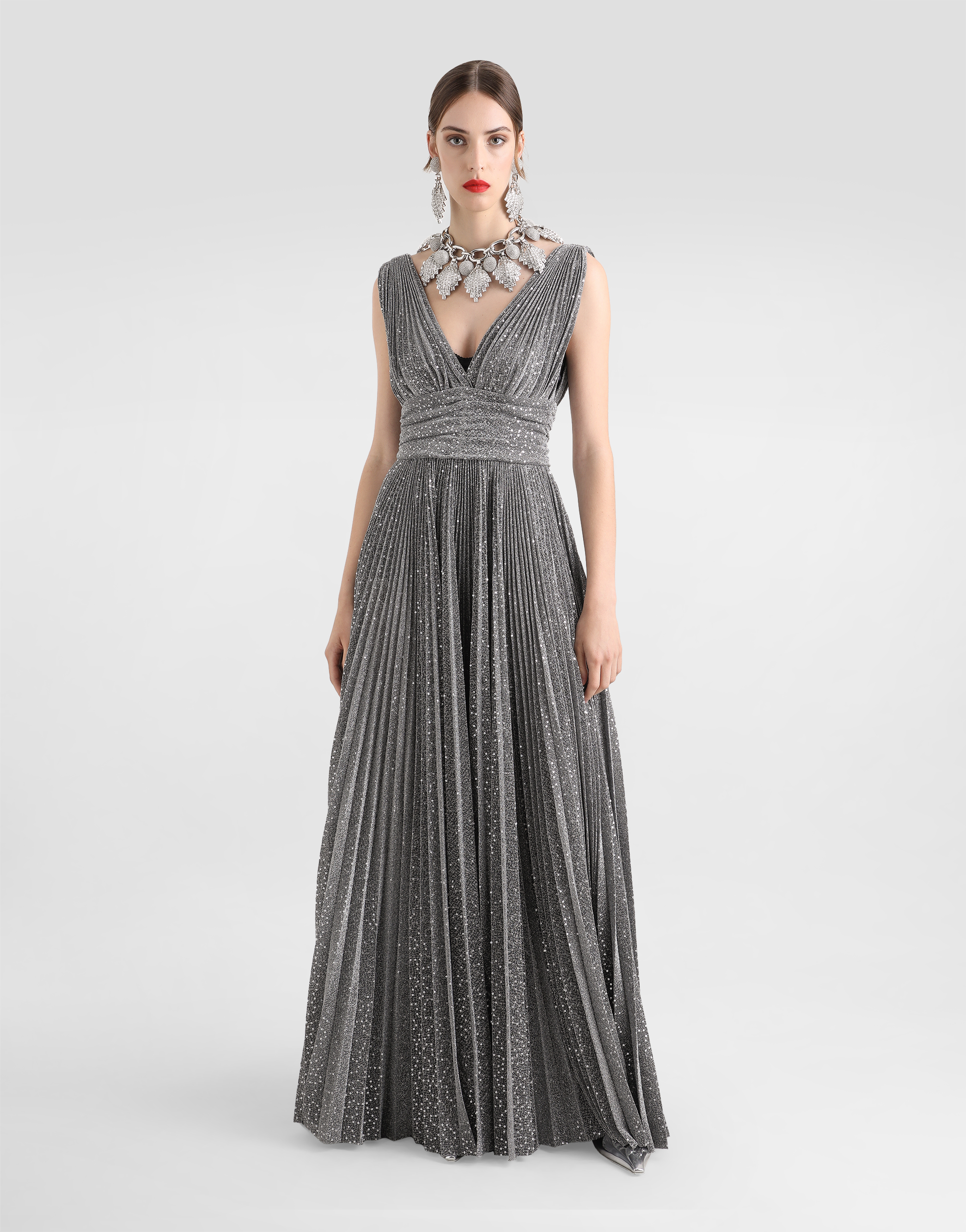 Dolce & Gabbana Long Pleated Dress With Micro-sequin Embellishment In Silver