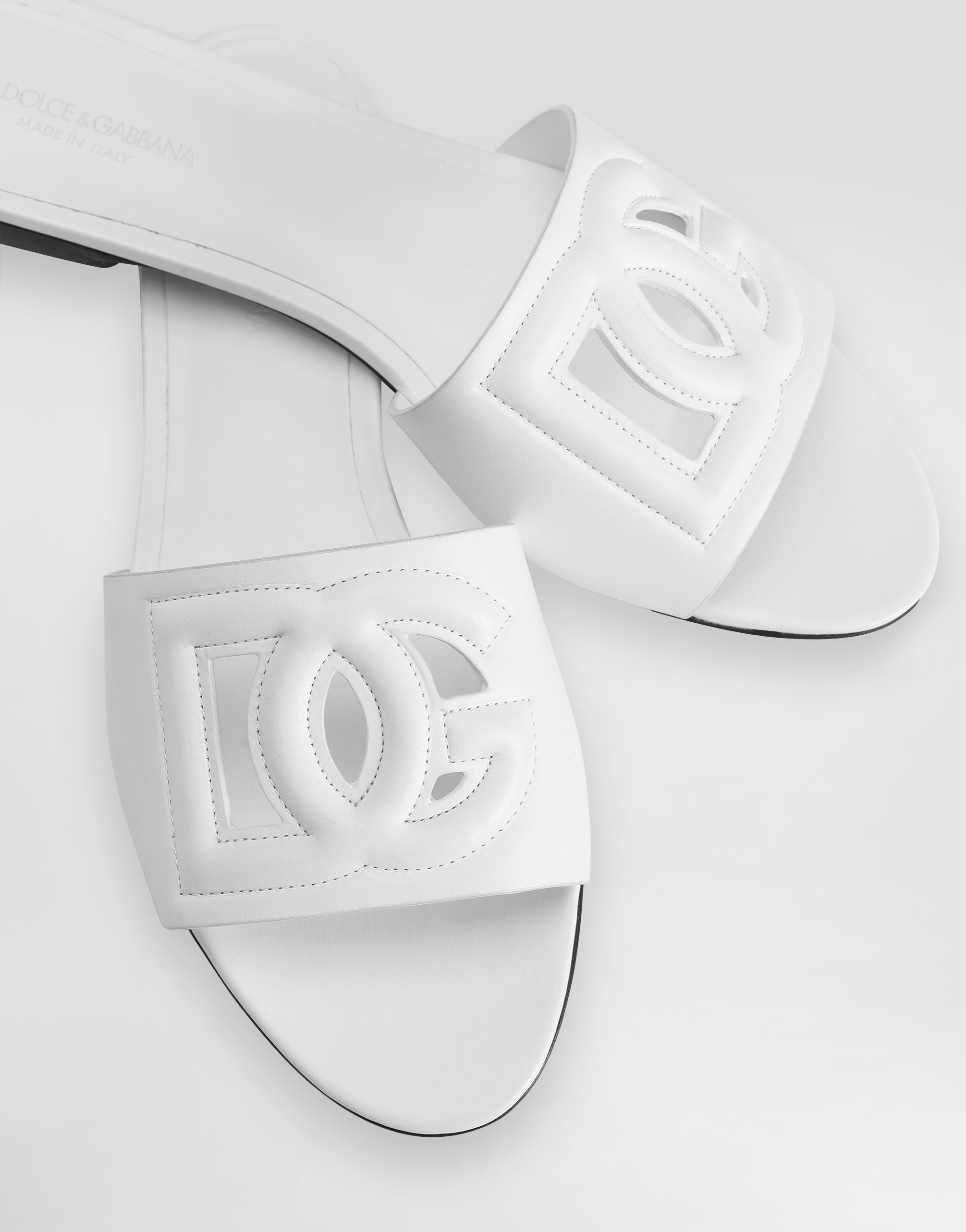Dolce & Gabbana Dg Millennials Logo Leather Flat Slides In White
