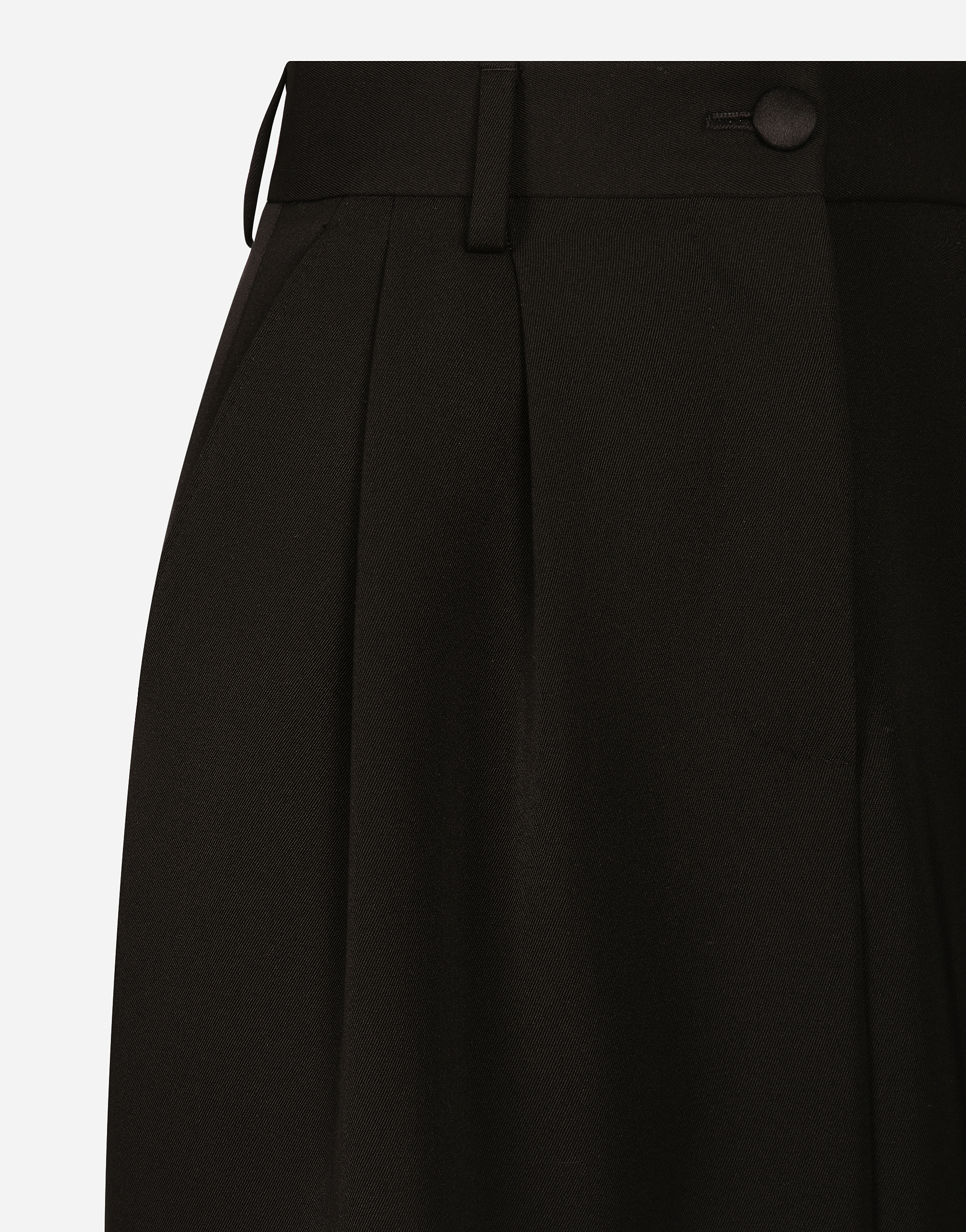 Wool gabardine calf-length tuxedo pencil skirt