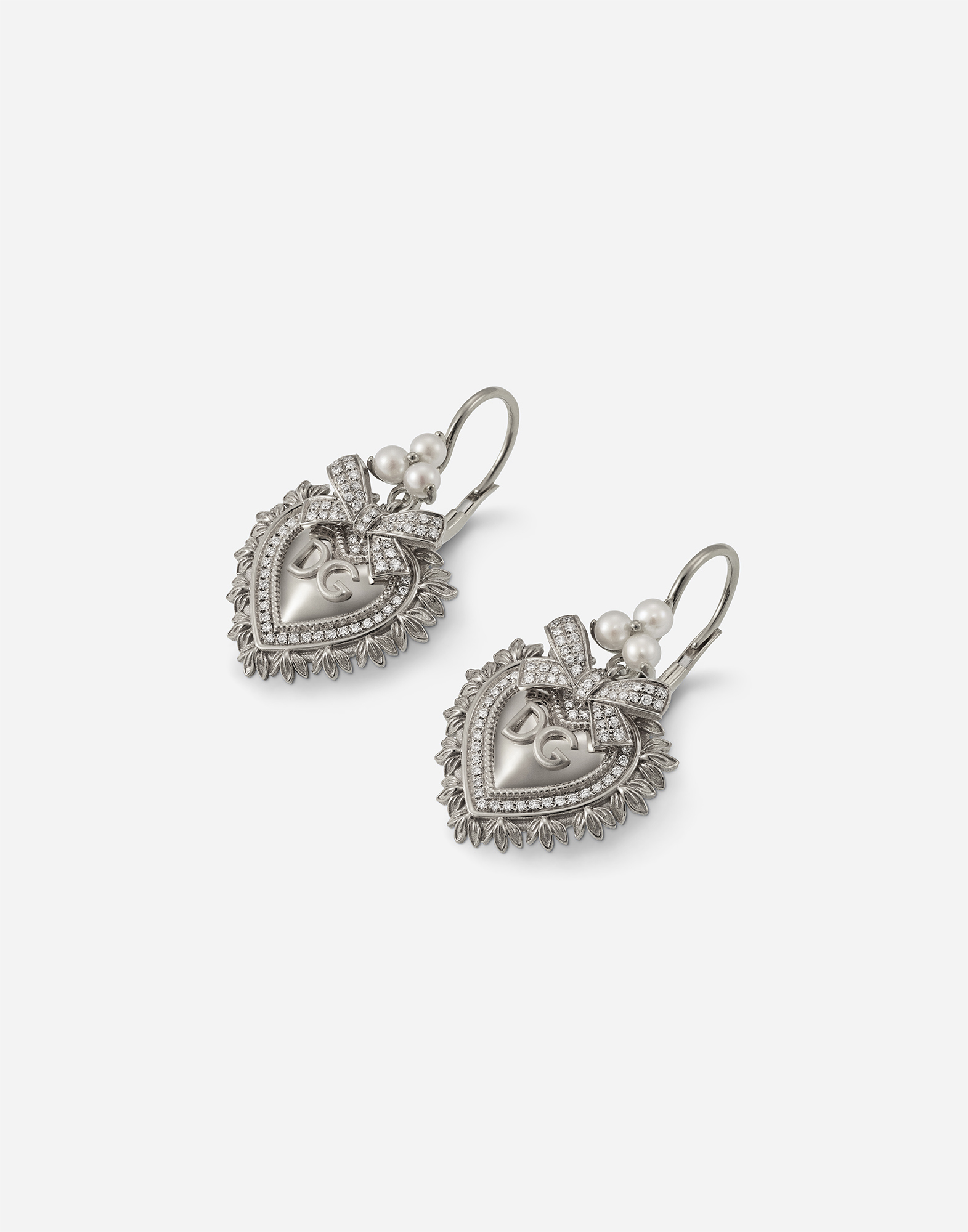 Dolce & Gabbana 18kt White Gold Devotion Diamond And Pearl Sacred Heart Earrings In White Gold