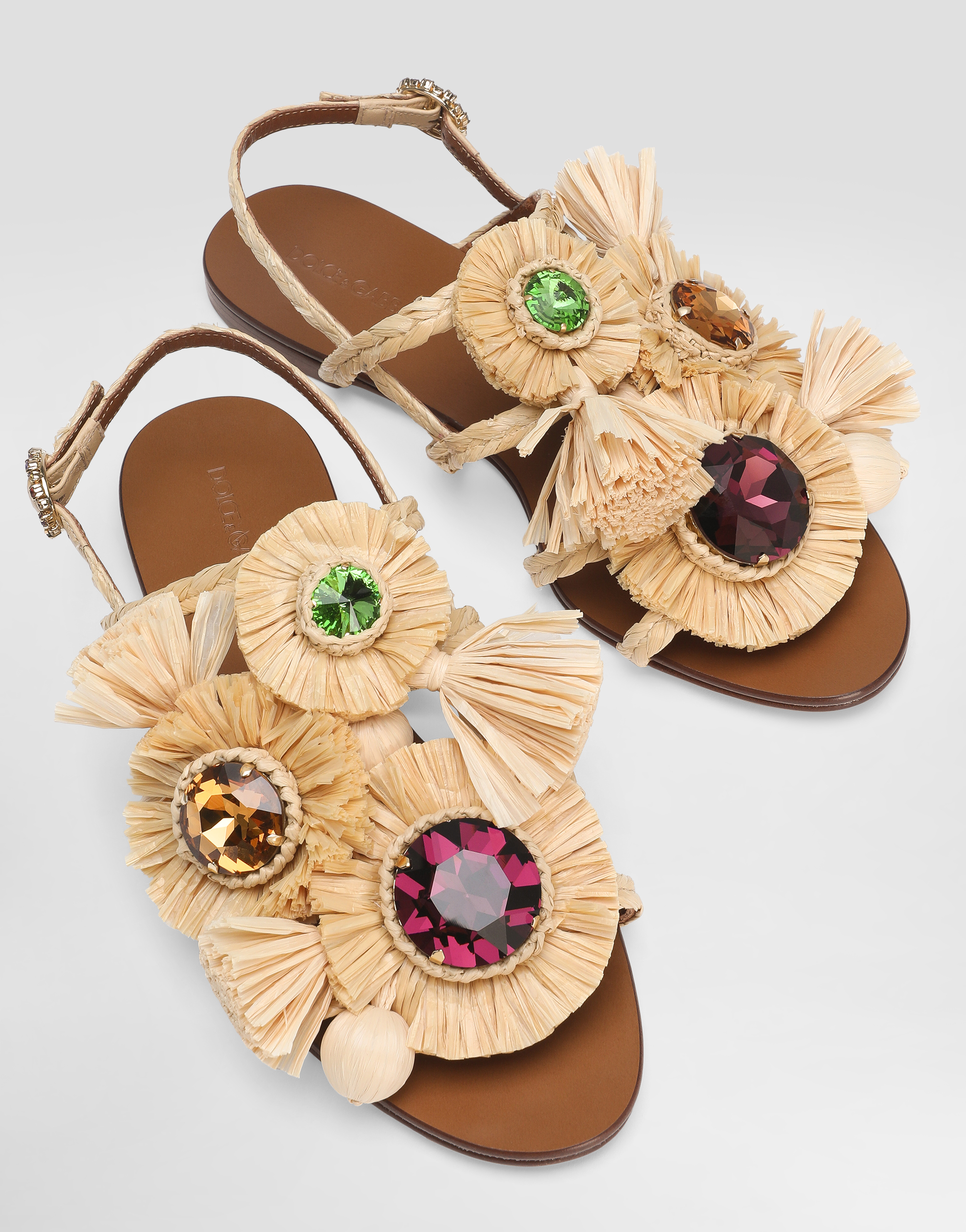 Dolce & Gabbana Embellished Raffia Flat Sandals In Multi