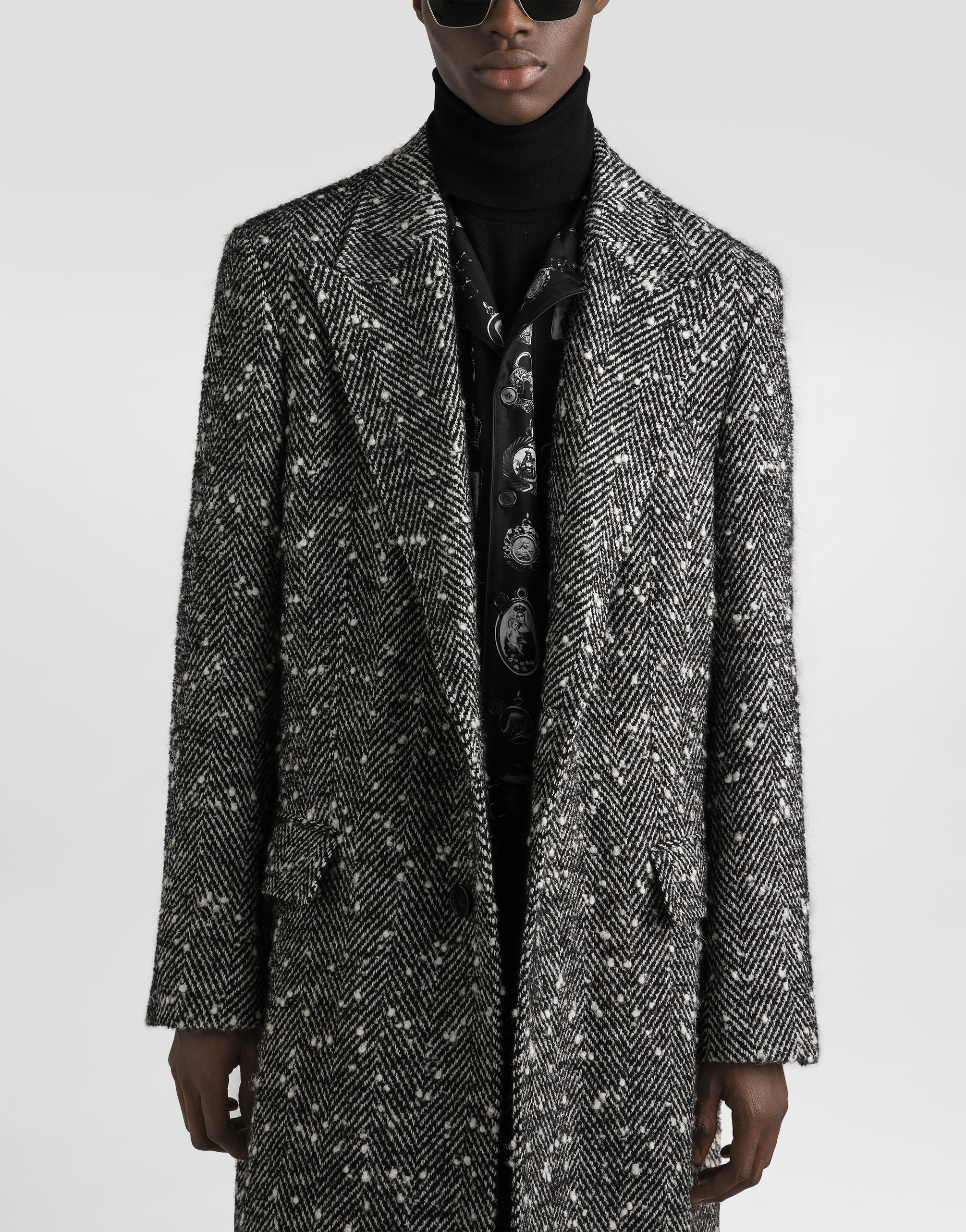 Double-breasted herringbone wool blend coat