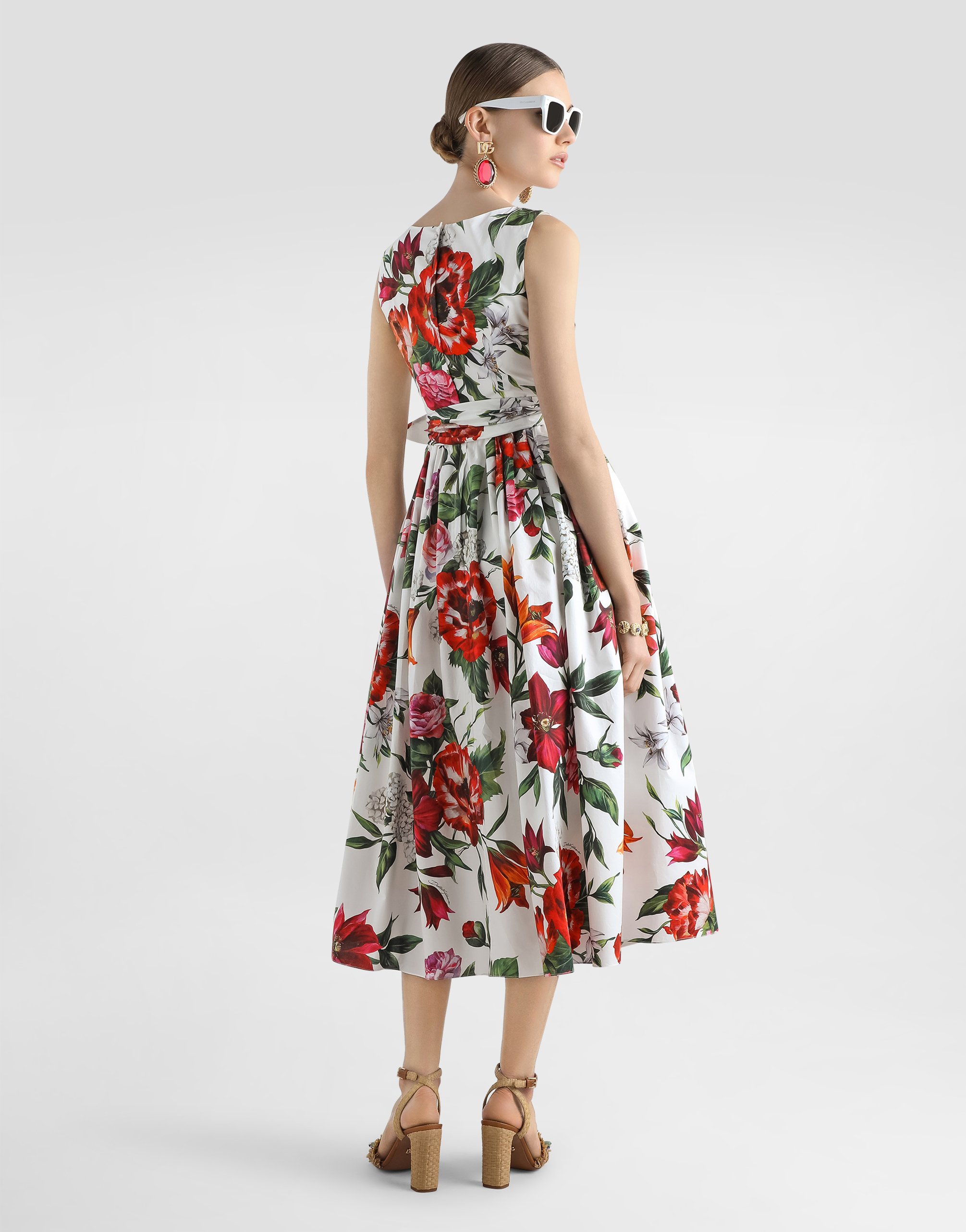 Dolce & Gabbana Sleeveless Dress In Cotton Poplin Flower Print In Animal Print