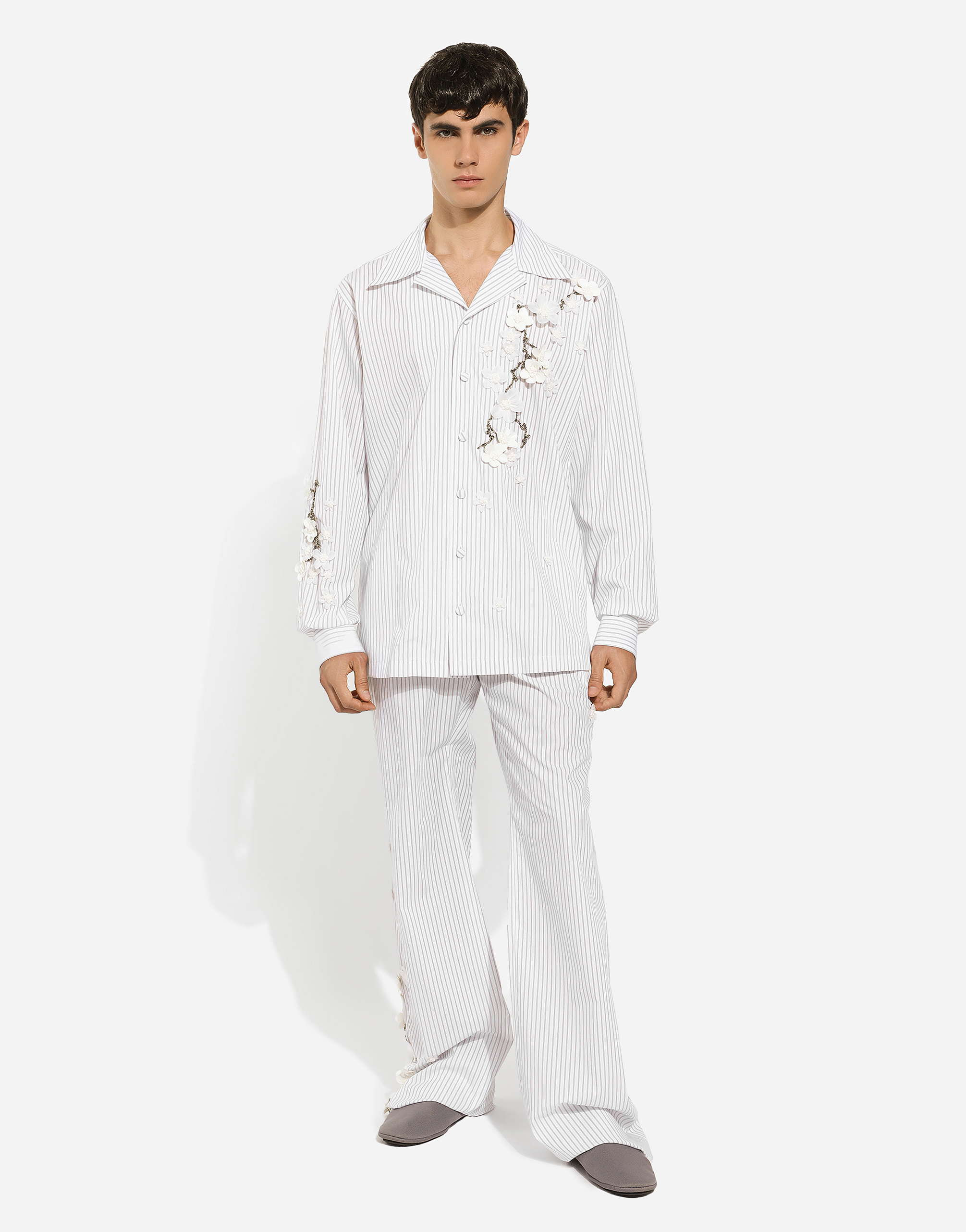 Striped poplin pants with embroidery