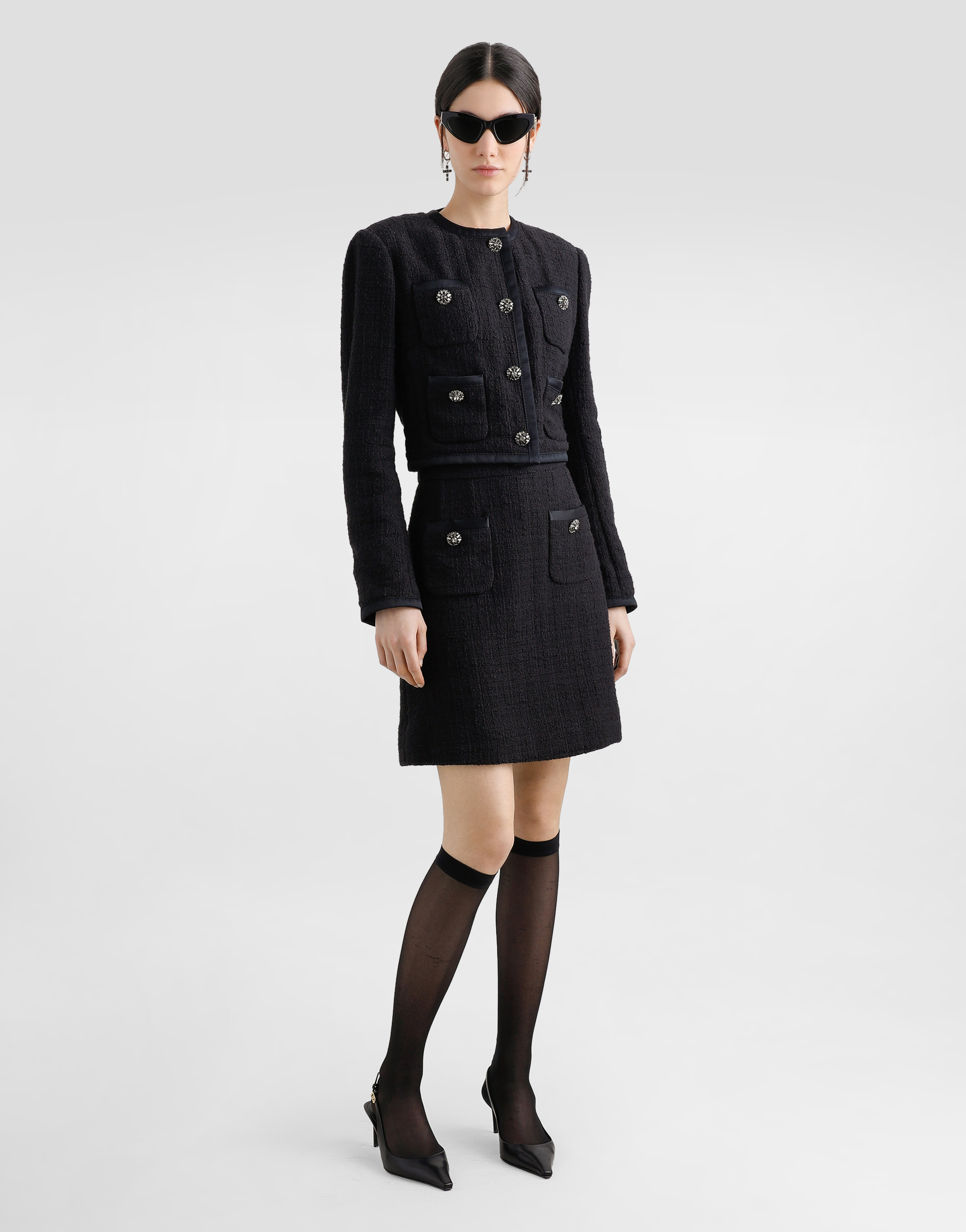 Dolce & Gabbana Cropped Single-breasted Raschel Tweed Jacket With Bejeweled Buttons In Black
