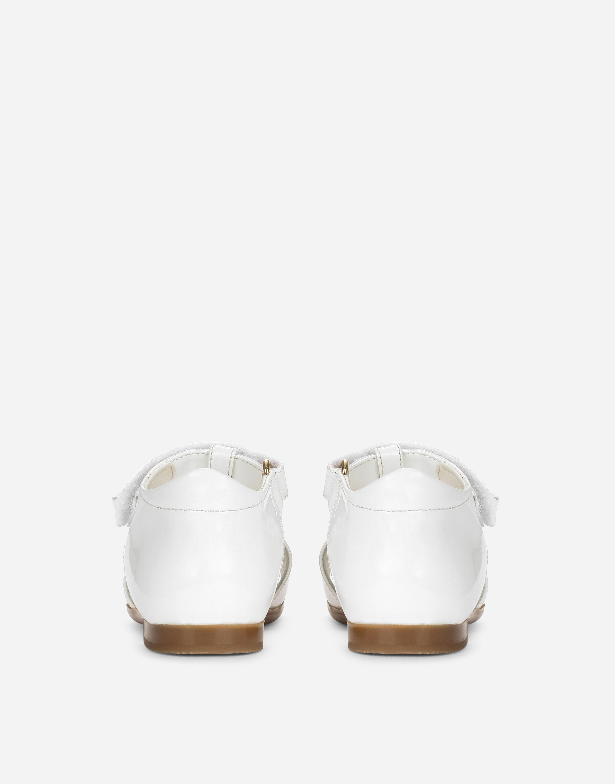 Shop Dolce & Gabbana Patent Leather First Steps Sandals With Metal Dg Logo In White