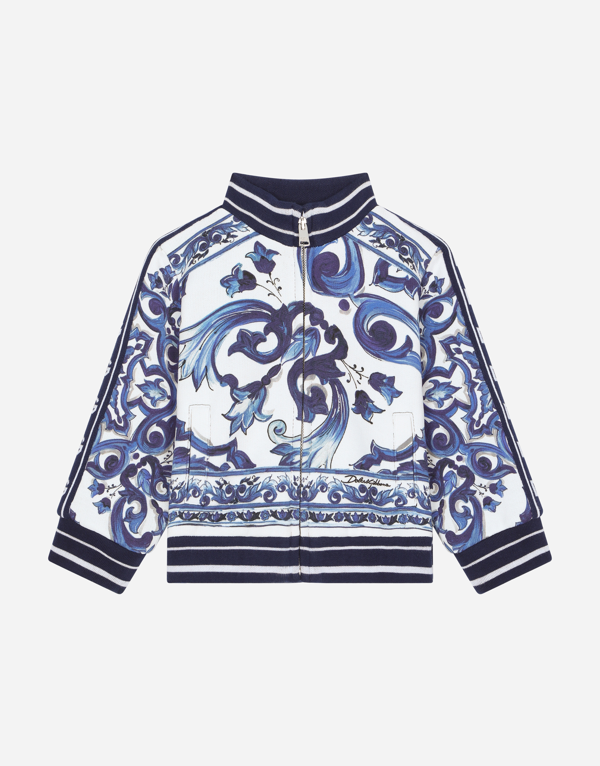 Zip-up jersey sweatshirt with majolica print