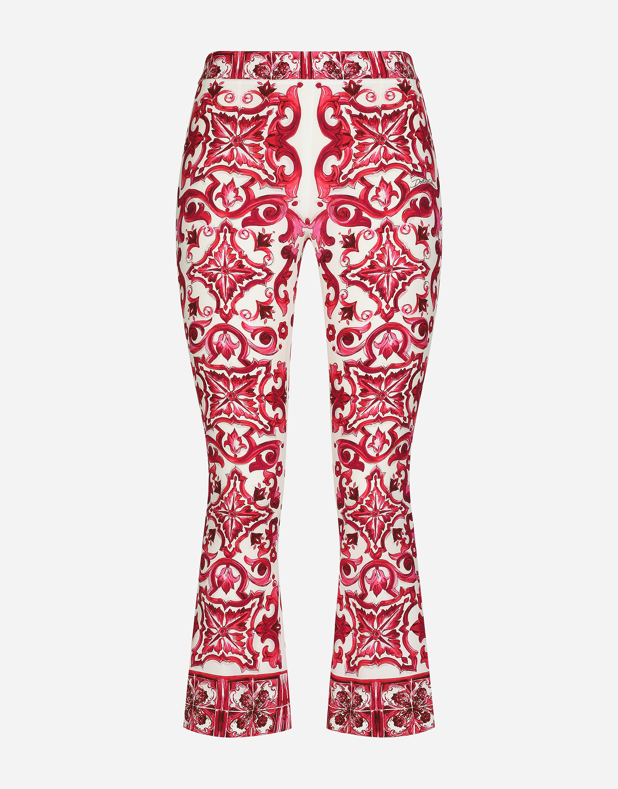 Dolce & Gabbana Flared Trumpet-leg Charmeuse Pants With Majolica Print In Multicolor