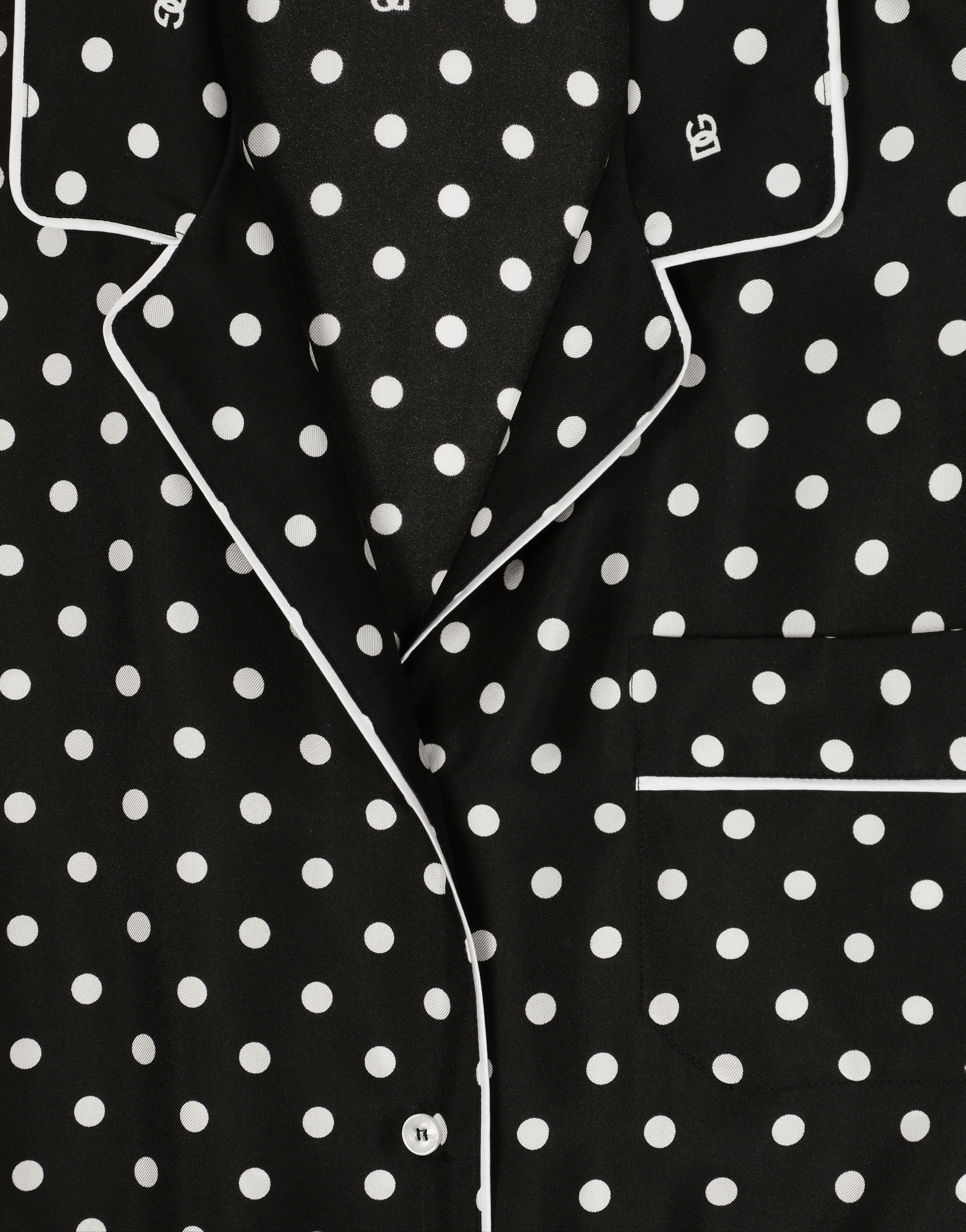 Short-sleeved silk pajama shirt with polka-dot print